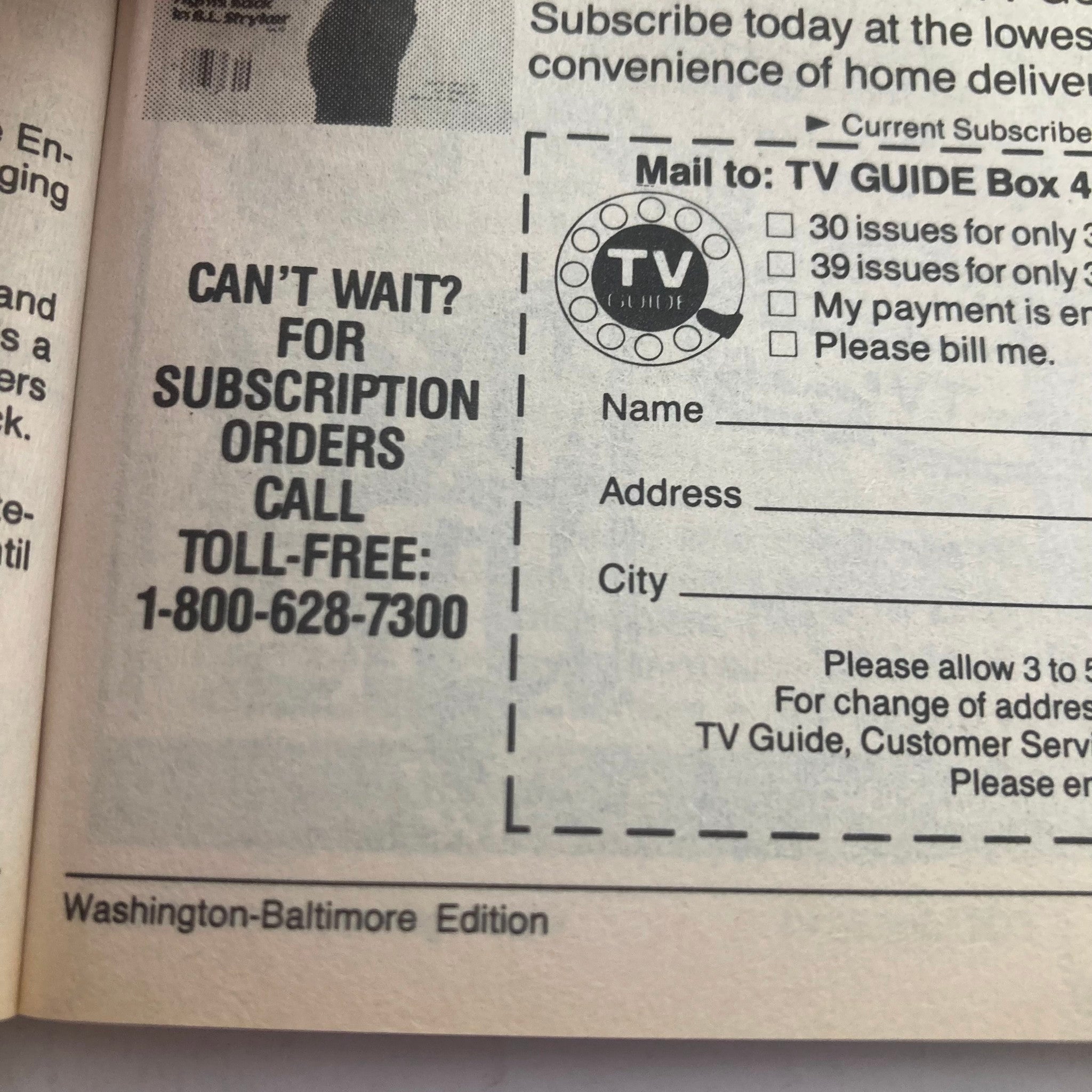 Subscription order page from TV Guide Magazine May 27 1989, featuring a call-to-action for subscribing and a toll-free number for TV Guide customer service in the Washington-Baltimore edition.