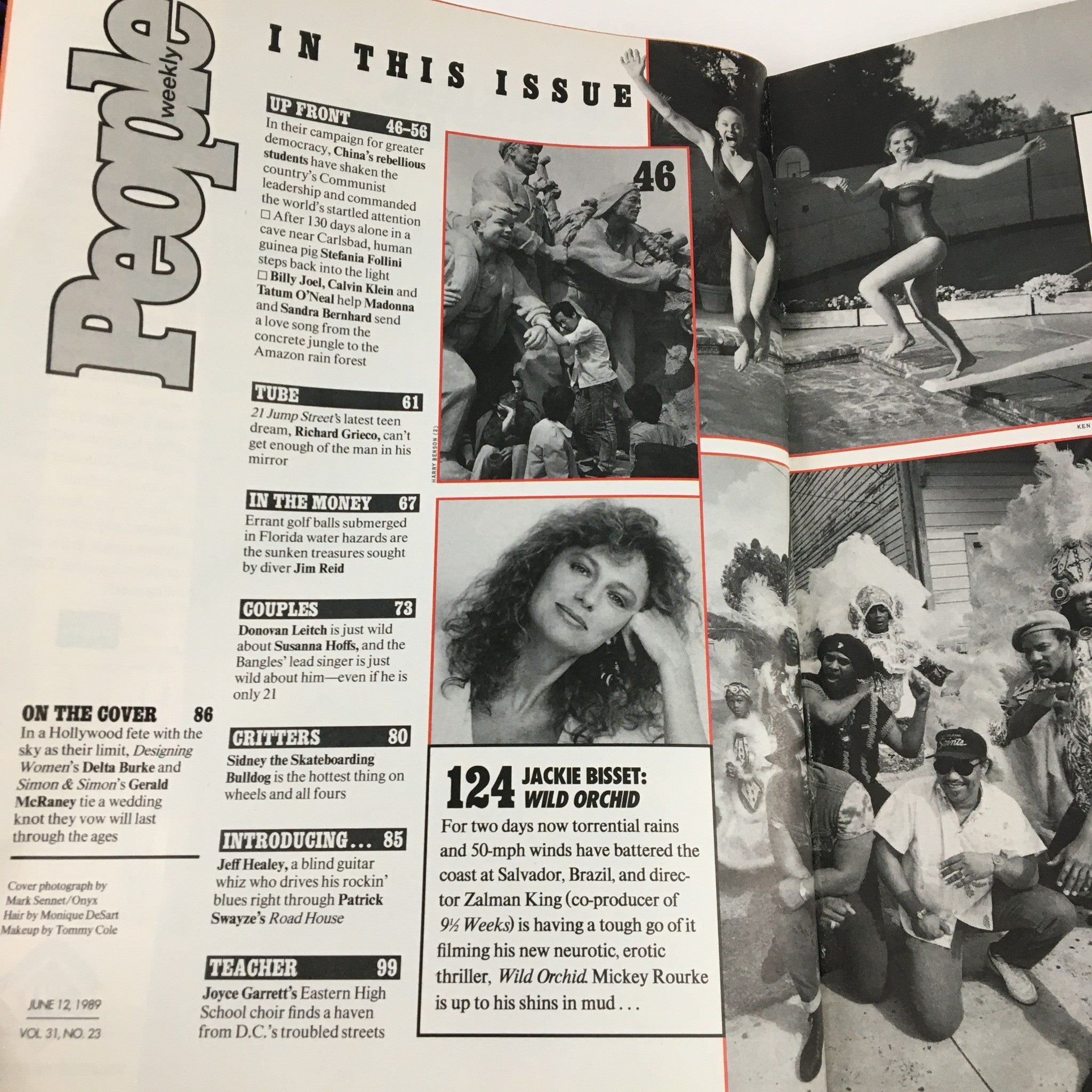 Inside page of People Weekly Magazine from June 12, 1989, detailing the contents including features on Delta Burke and Gerald McRaney's wedding.