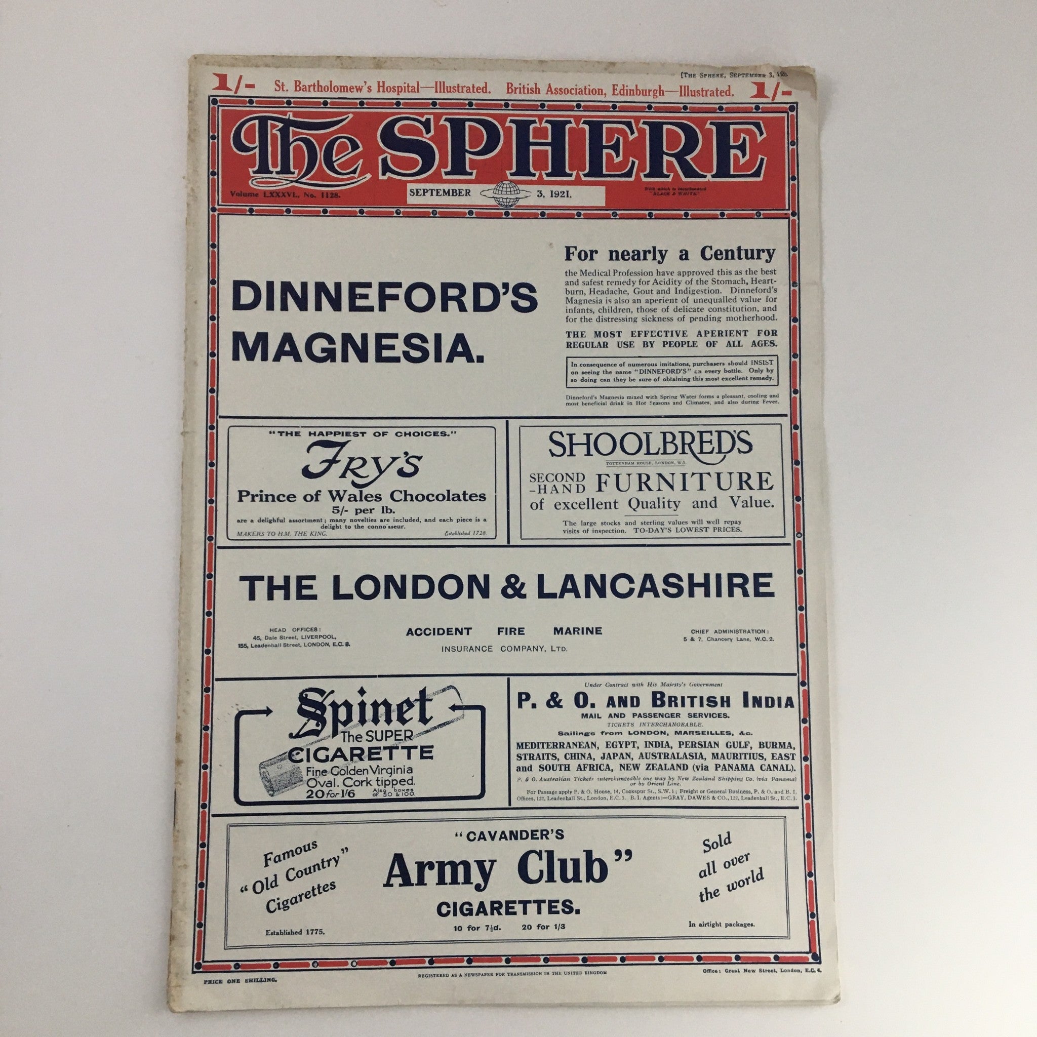 The Sphere Newspaper from September 3, 1921, displaying advertisements including Dinneford's Magnesia and Fry's Prince of Wales Chocolates.