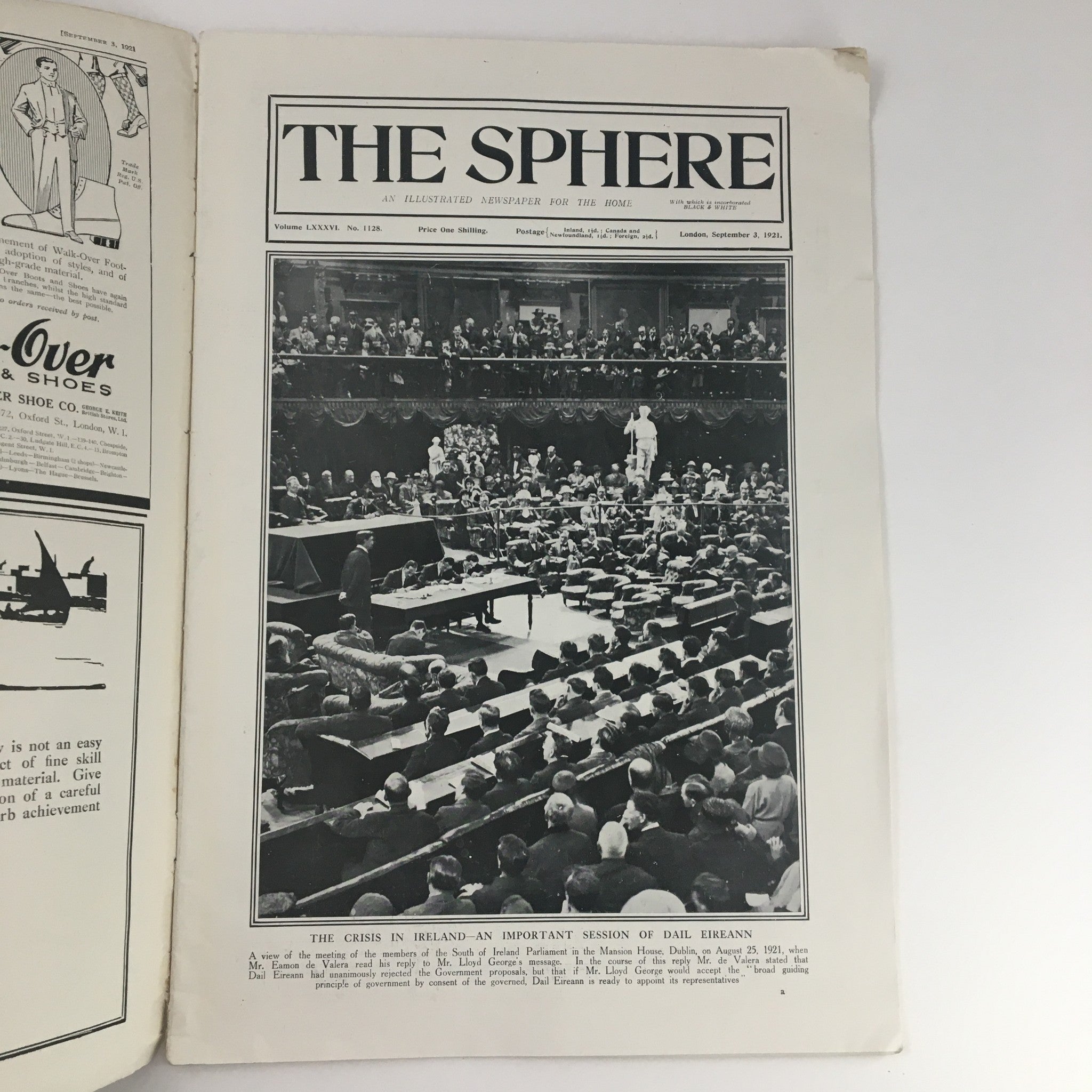 The Sphere Newspaper September 3, 1921, featuring an important session of Dail Eireann amidst the Crisis in Ireland, showcasing a crowded audience and speakers.