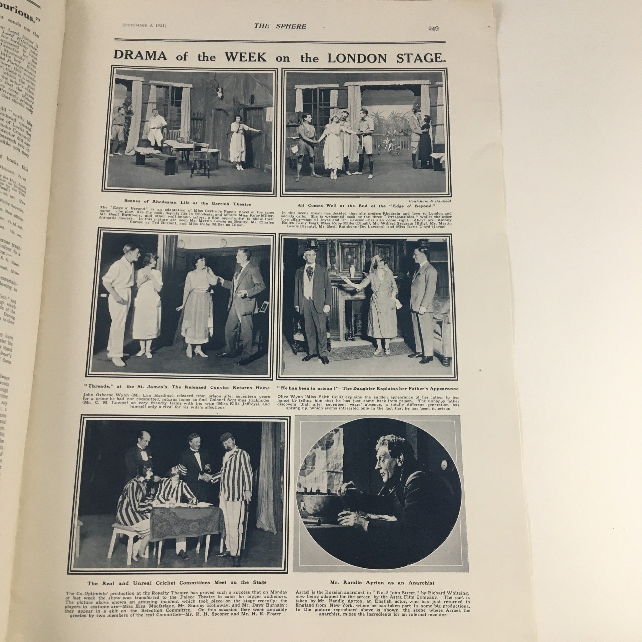 The Sphere Newspaper September 3 1921 featuring a collage of six images depicting drama of the week on the London stage, capturing theatrical performances and actors in various scenes.