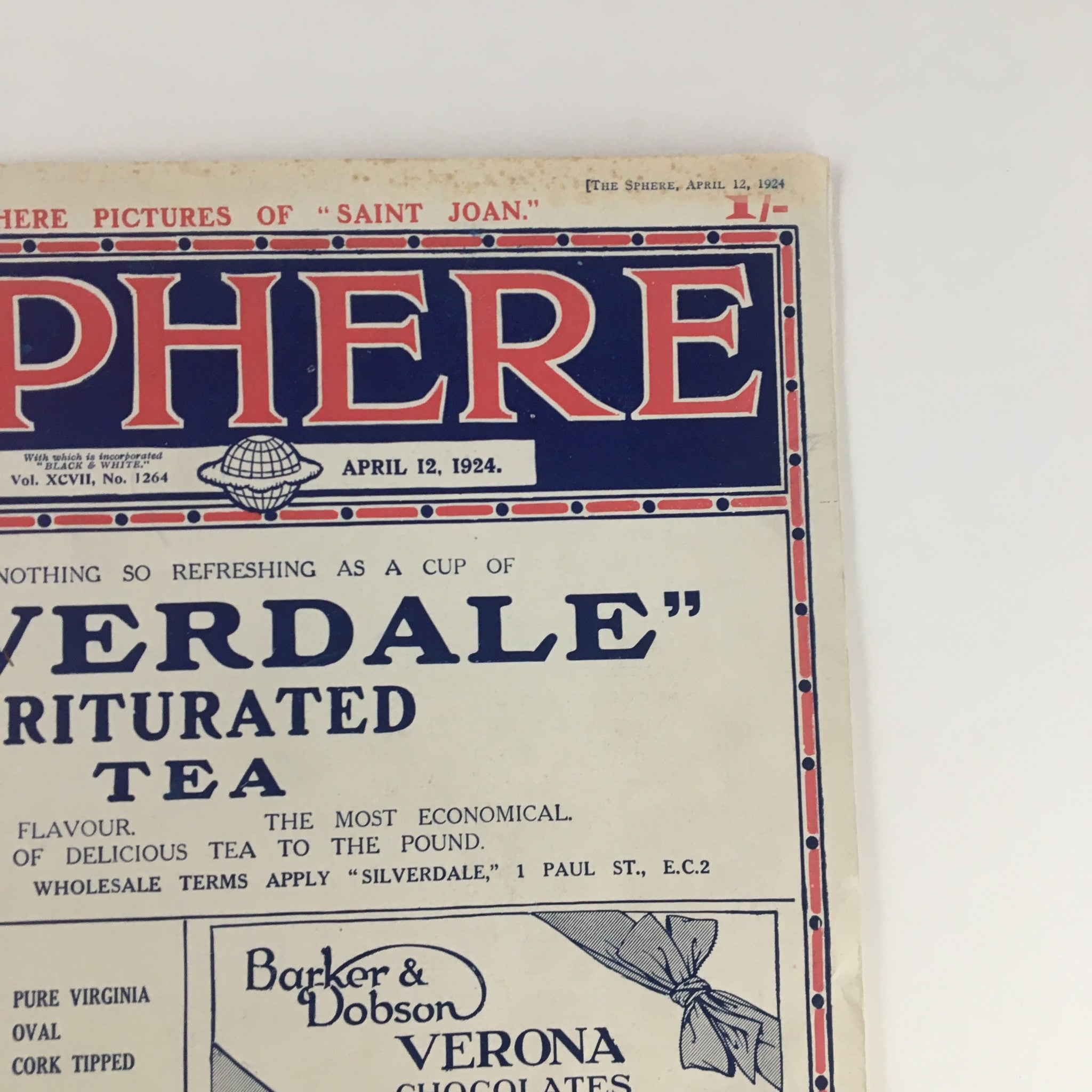 Close-up of The Sphere Newspaper April 12 1924, focusing on the 'Silverdale' tea advertisement with a vintage style.