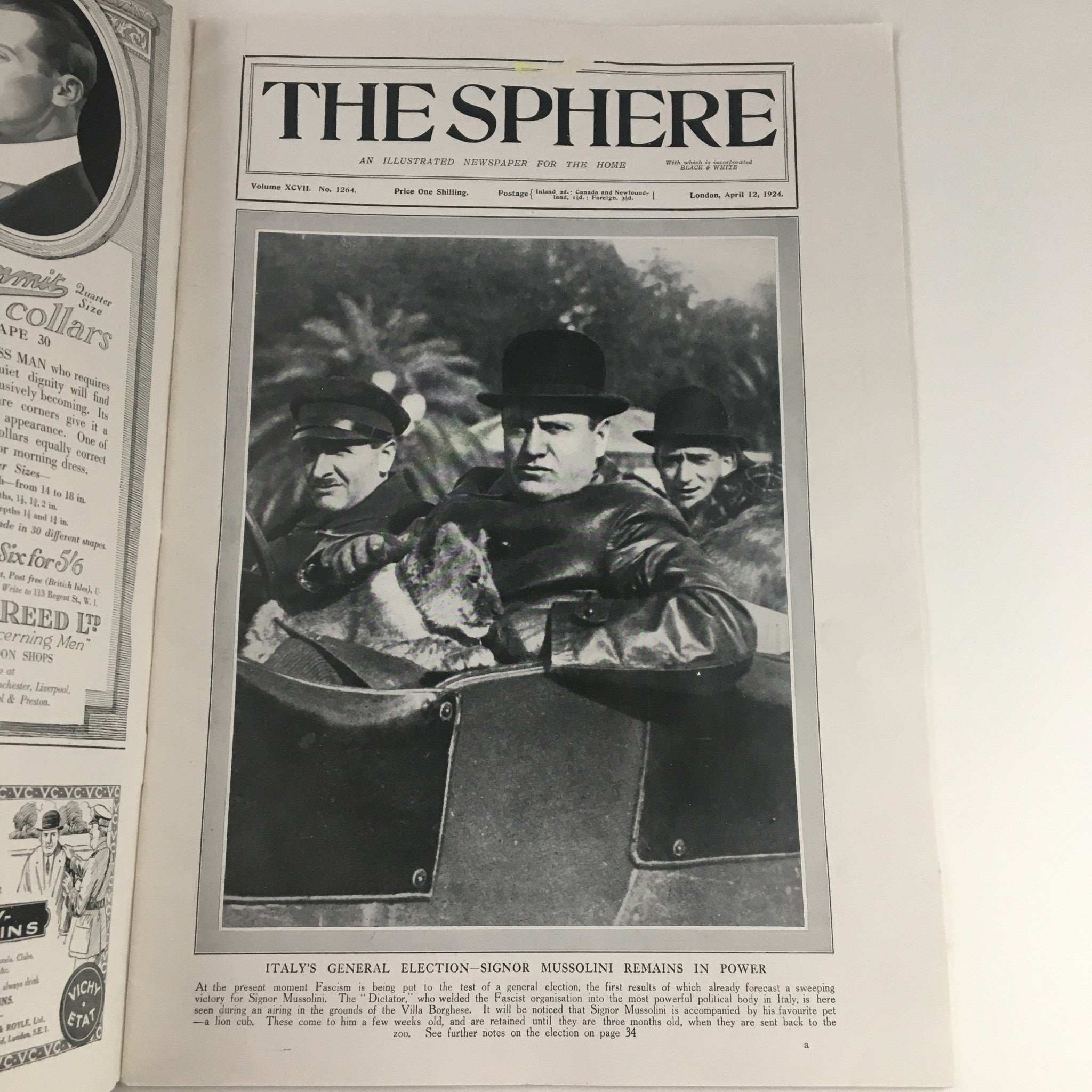 The Sphere Newspaper April 12 1924 featuring Italy's General Signor Mussolini on the cover, showcasing early 20th century historical significance.