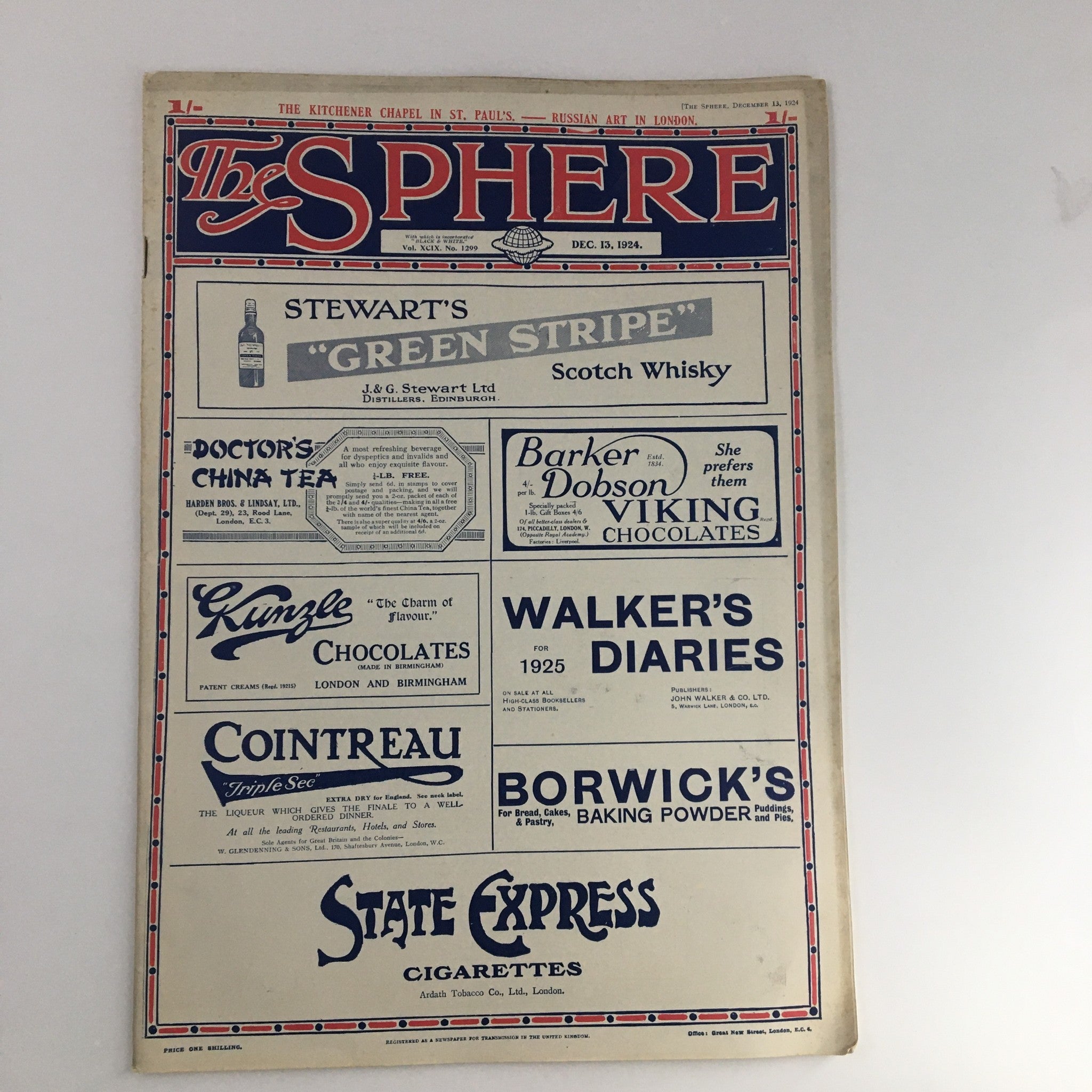 The Sphere Newspaper December 13 1924 featuring the front cover with various advertisements including Stewart's Green Stripe Scotch Whisky and Doctor's China Tea.
