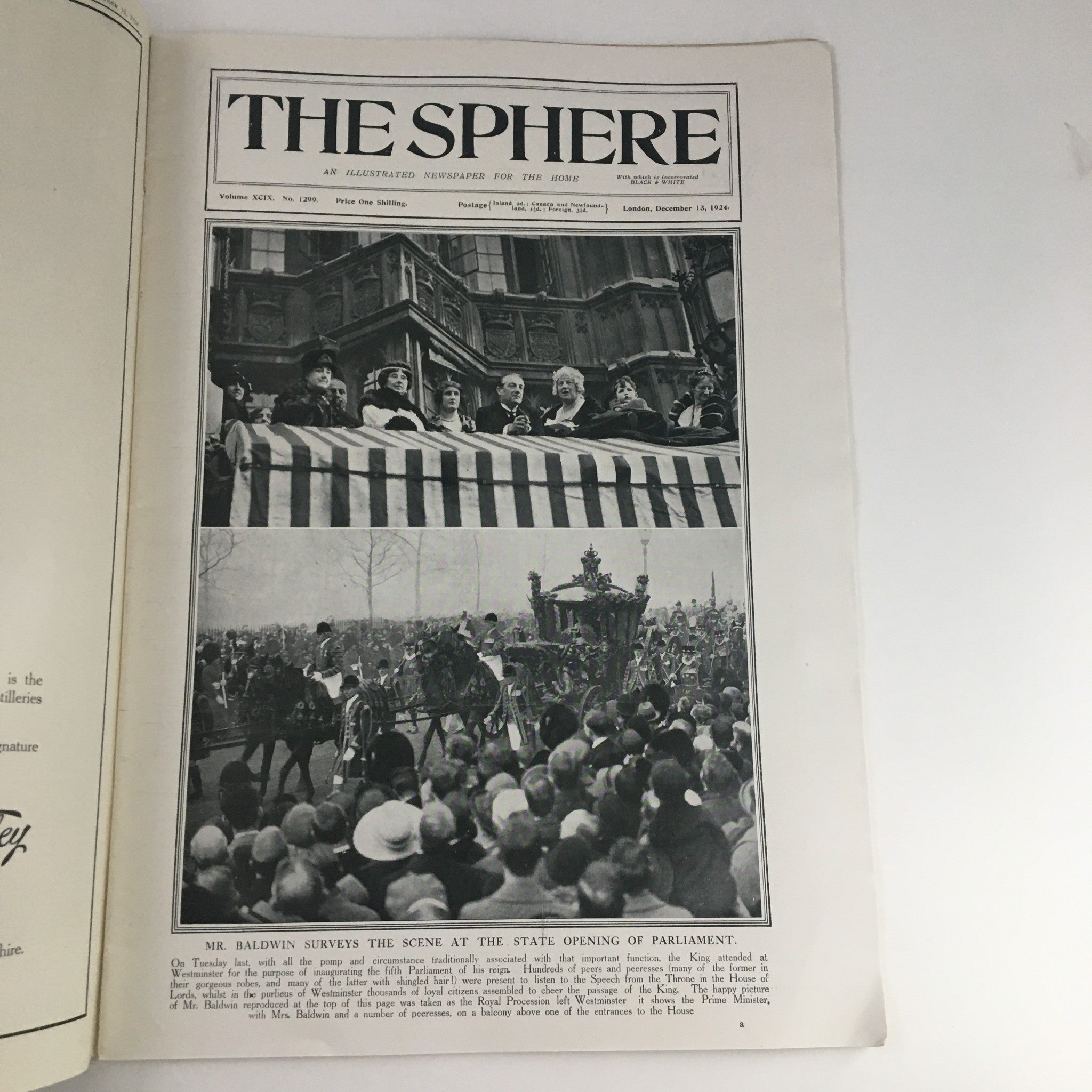 The Sphere Newspaper December 13 1924 featuring an article titled 'Mr. Baldwin Surveys The Scene' with a historic photograph capturing the State Opening of Parliament.