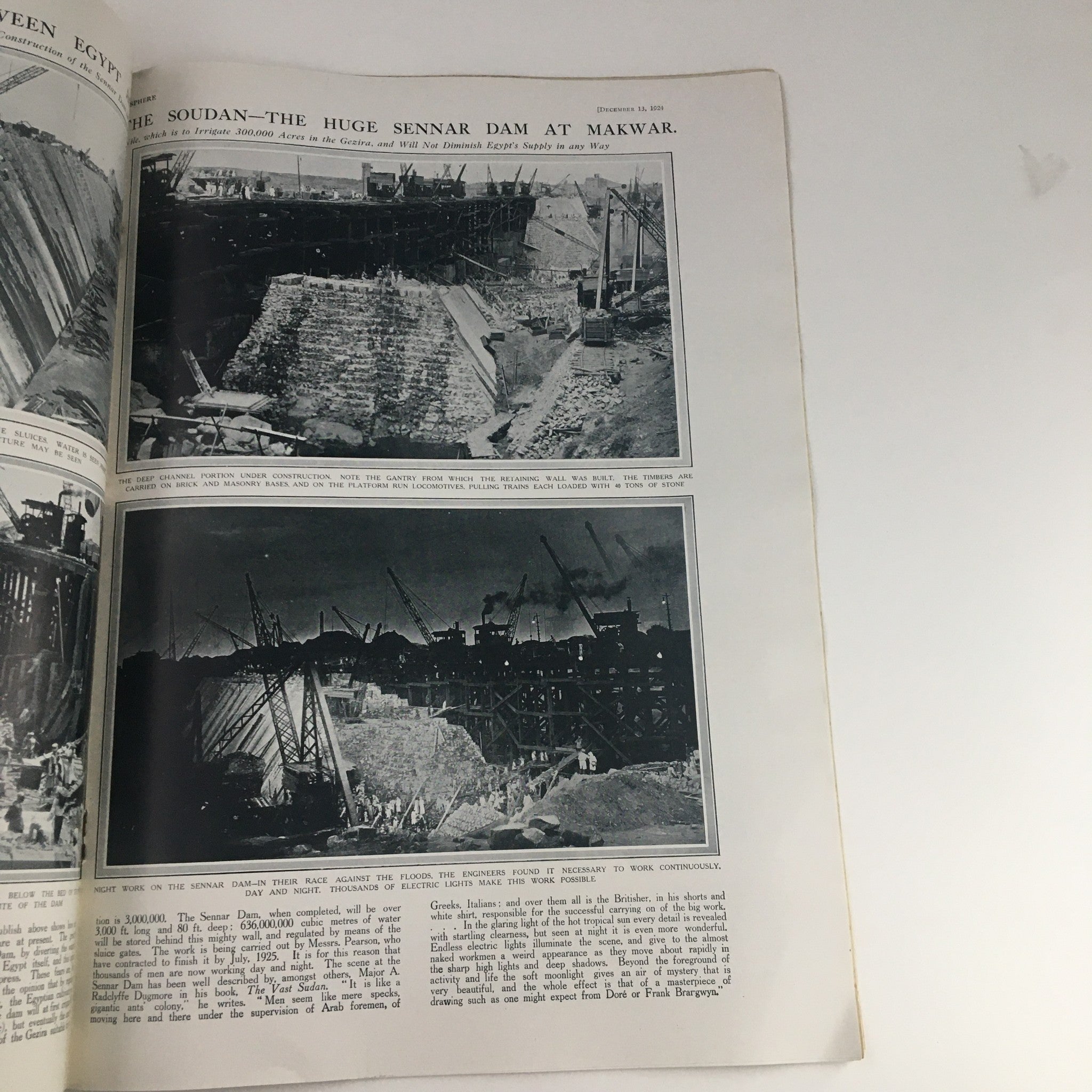 Page from The Sphere Newspaper December 13 1924 depicting large photographs related to construction projects, including the Soudan and the Sennar Dam at Makwar.