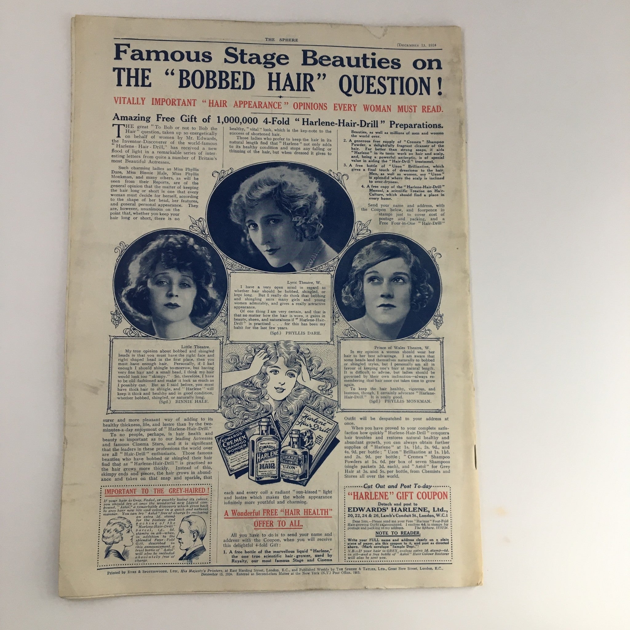 The Sphere Newspaper December 13 1924 featuring a page dedicated to famous stage beauties discussing the 'Bobbed Hair' question with photos of three women.