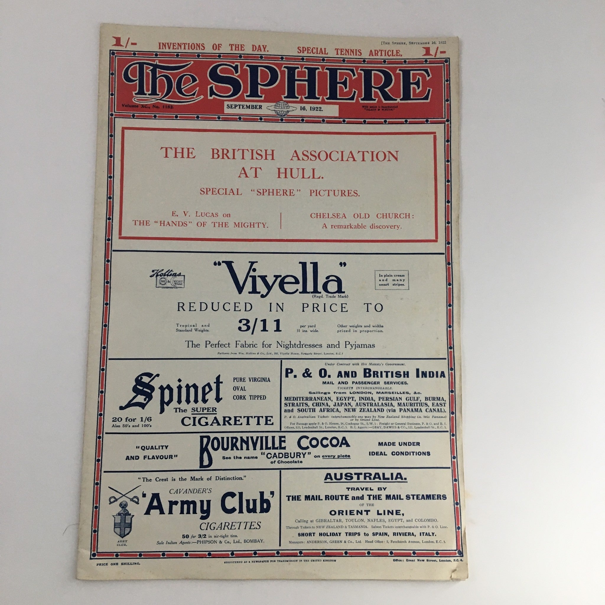 The Sphere Newspaper September 16 1922, featuring the front cover with an advertisement, showcasing the British Association at Hull and special ‘Sphere’ pictures.