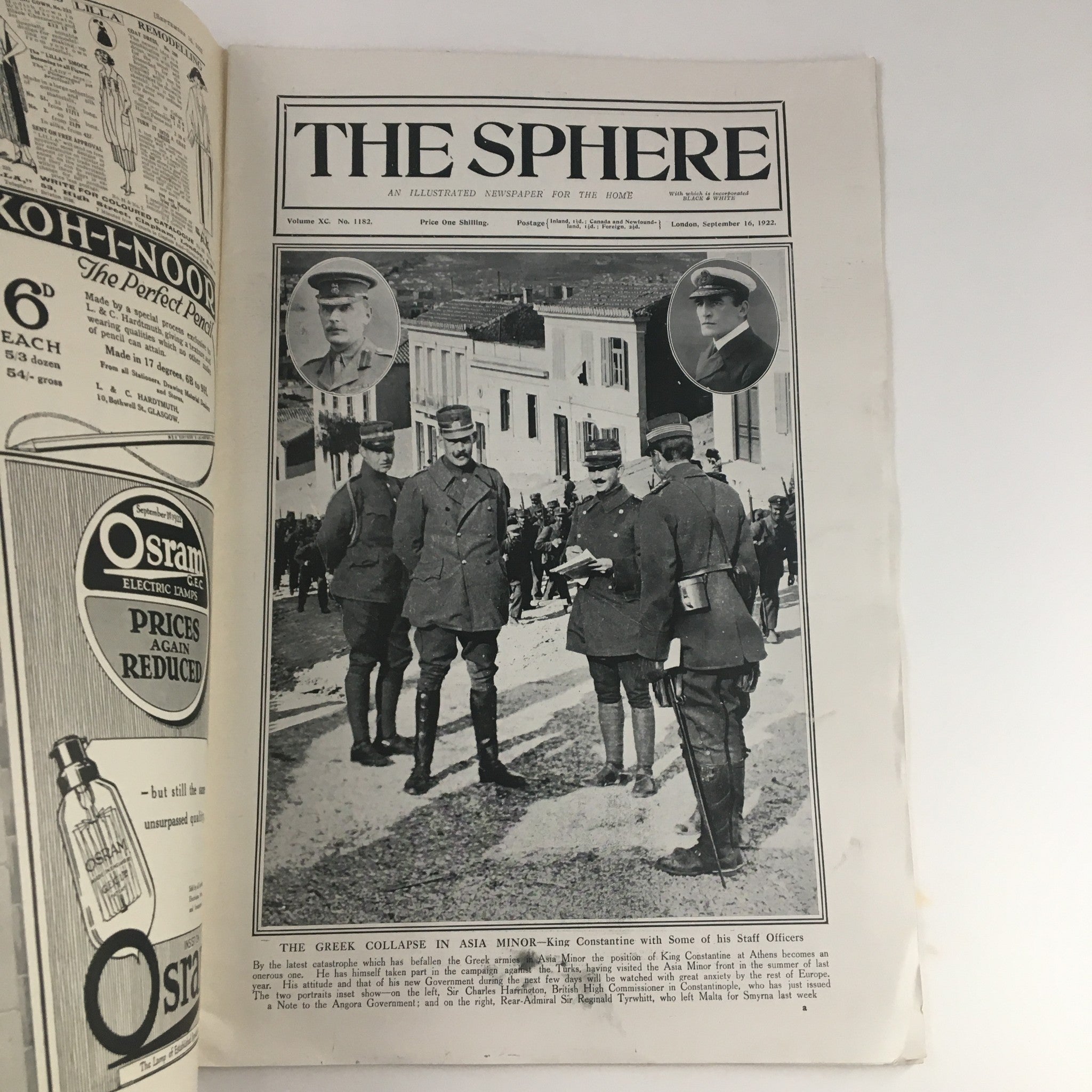 The Sphere Newspaper from September 16, 1922, featuring King Constantine with his staff officers on the cover. The image shows a group of military personnel in formal attire standing outside, highlighting historical military attire and the context of the time.