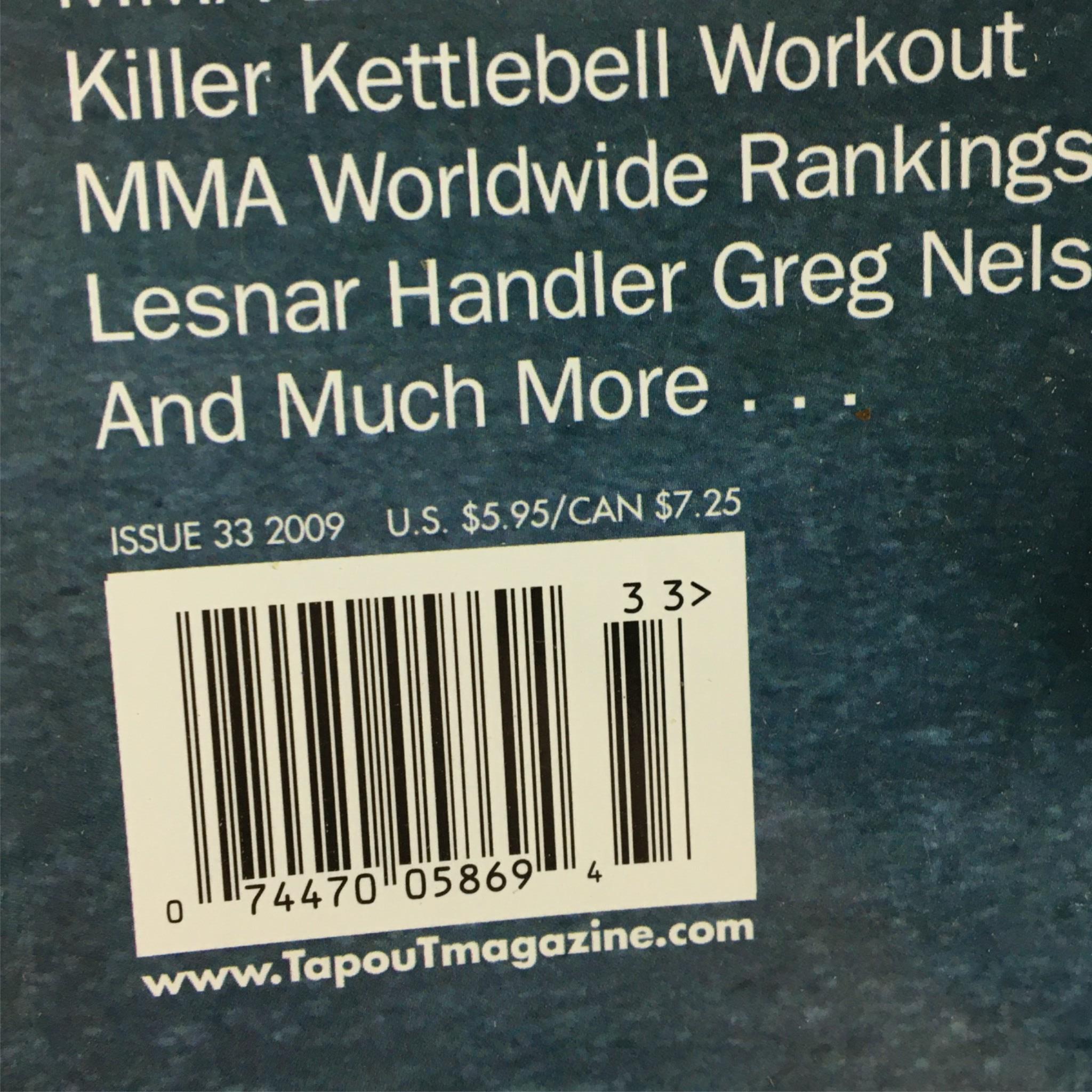 Back cover of Tapout MMA Magazine #33 2009 displaying the barcode and pricing details including $5.95 U.S. and $7.25 Canada.