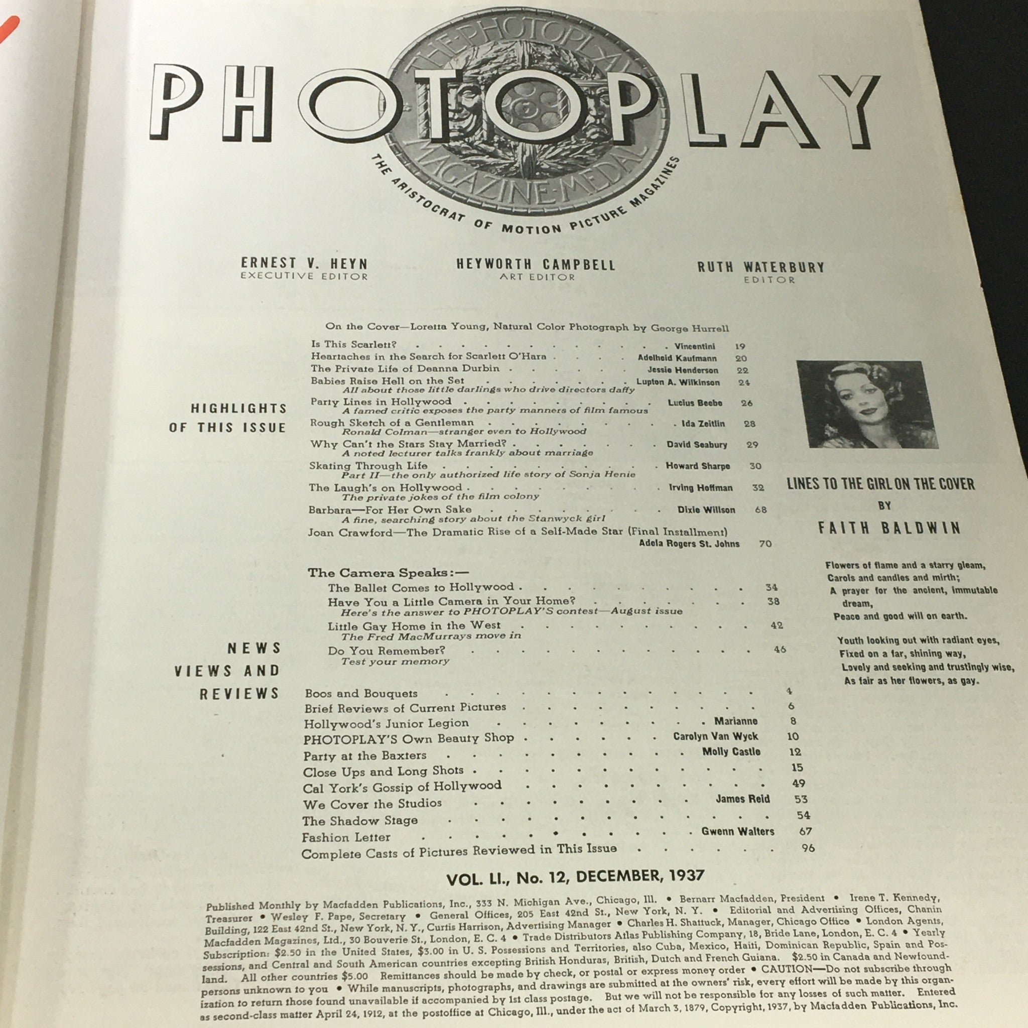 VTG Photoplay Magazine December 1937 showing the editorial page with highlights and contents. This collectible magazine features Loretta Young on the cover.