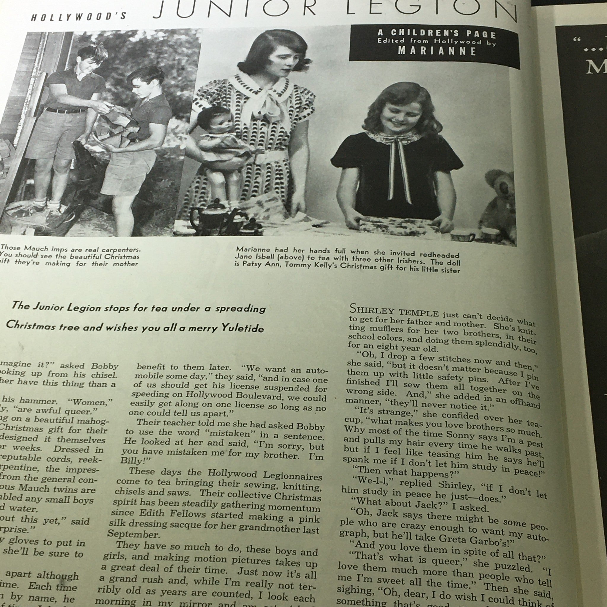 VTG Photoplay Magazine December 1937 featuring a children's page titled 'Hollywood's Junior Legion', showcasing kids and their holiday celebrations.