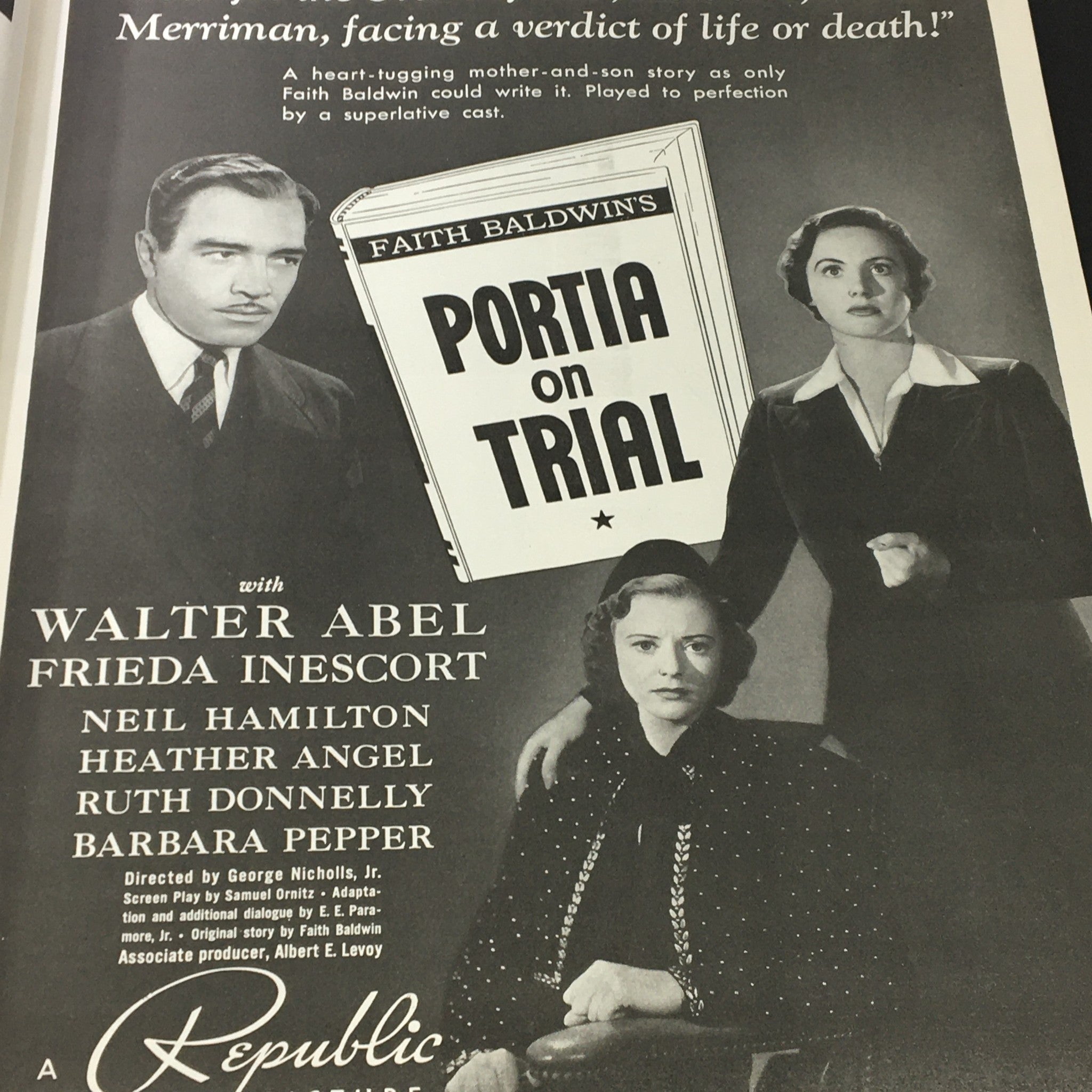 VTG Photoplay Magazine December 1937 displaying a film advertisement for 'Portia on Trial,' highlighting actors Walter Abel and Frieda Inescort.