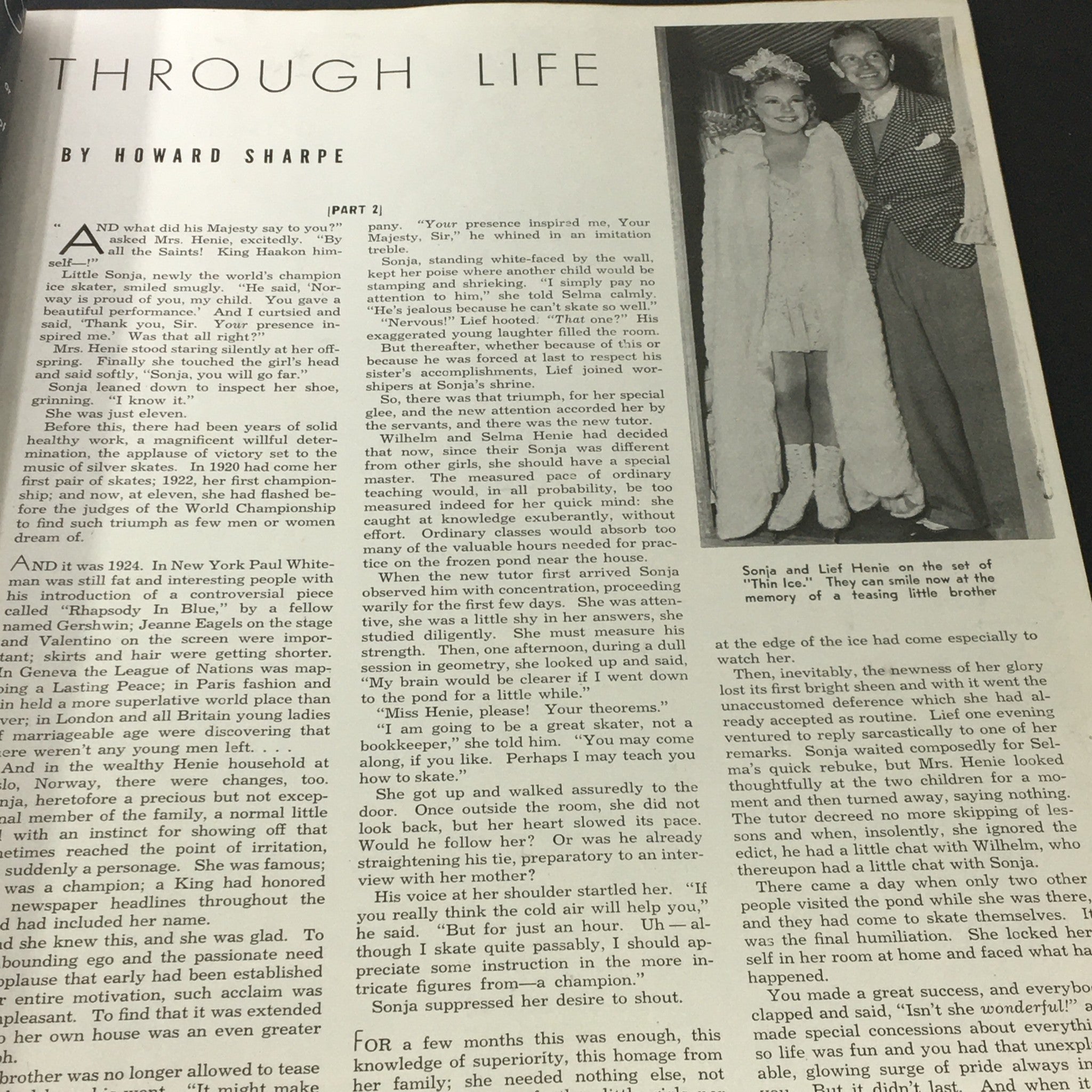 VTG Photoplay Magazine December 1937 showing an article titled 'Through Life' by Howard Sharpe, featuring Sonja Henie and her experiences in the spotlight.