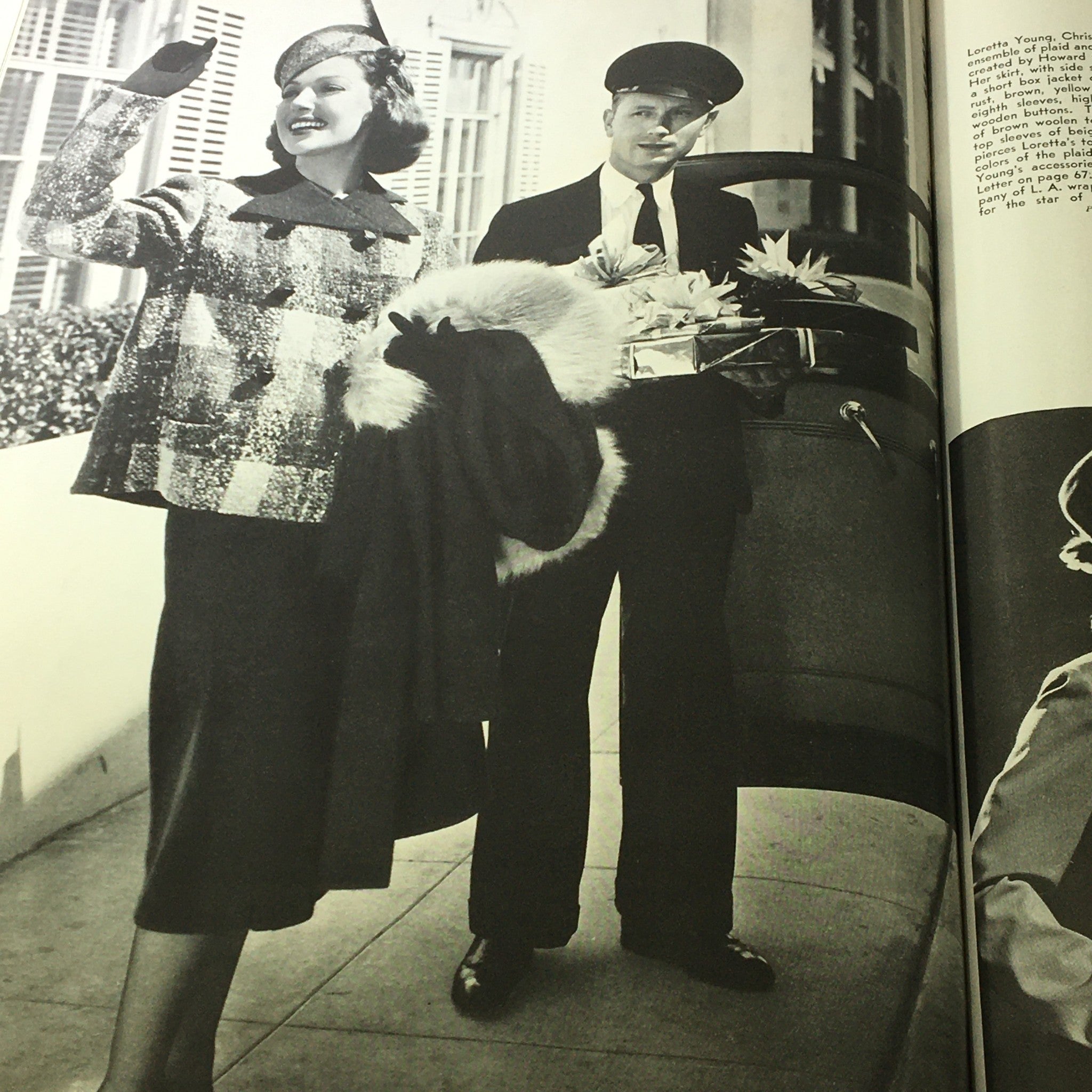 VTG Photoplay Magazine December 1937 - Loretta Young greeting with a gift, dressed in elegant 1930s fashion and accompanied by a chauffeur.