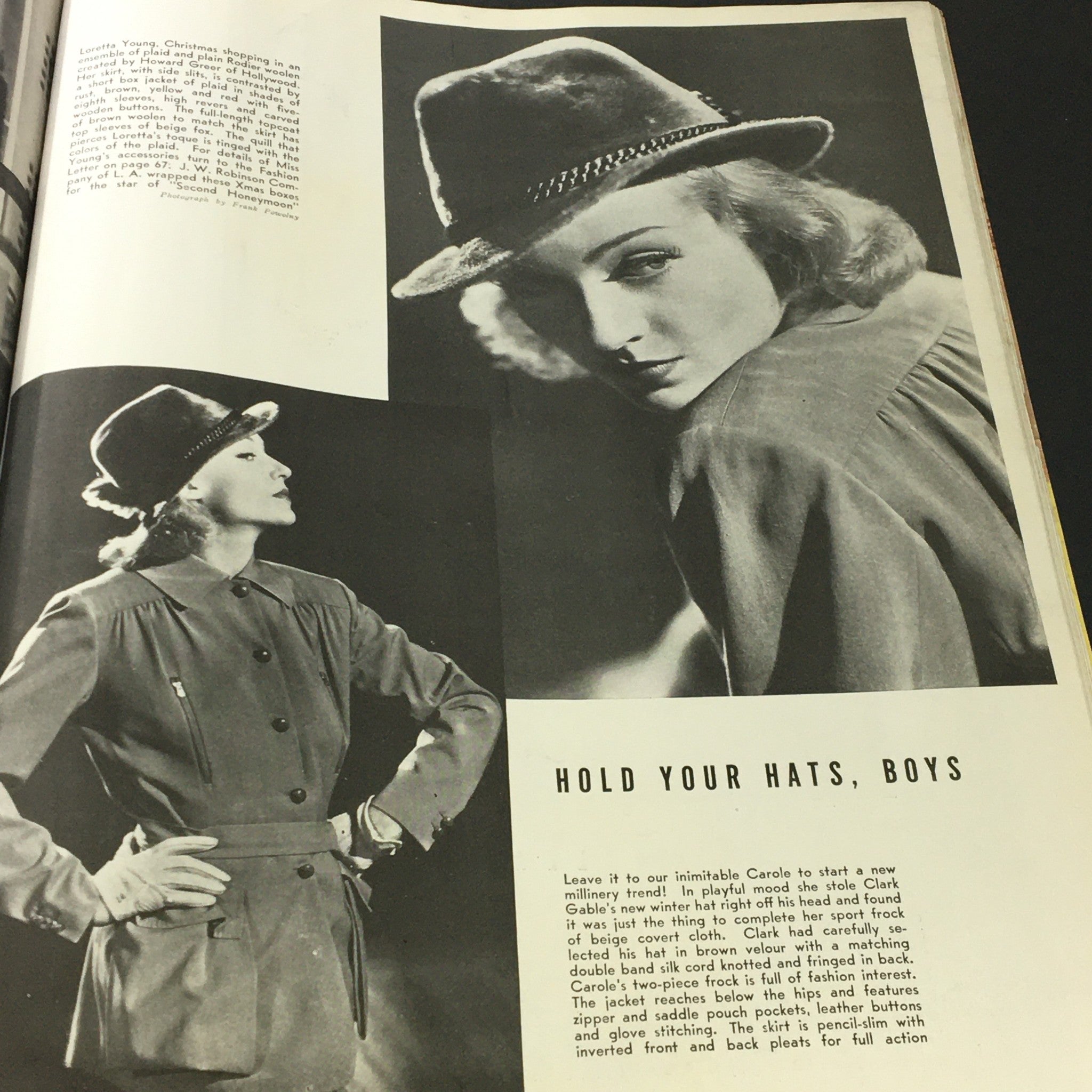 VTG Photoplay Magazine December 1937 - Loretta Young modeling winter fashion in a hat, highlighting classic Hollywood style and trends.