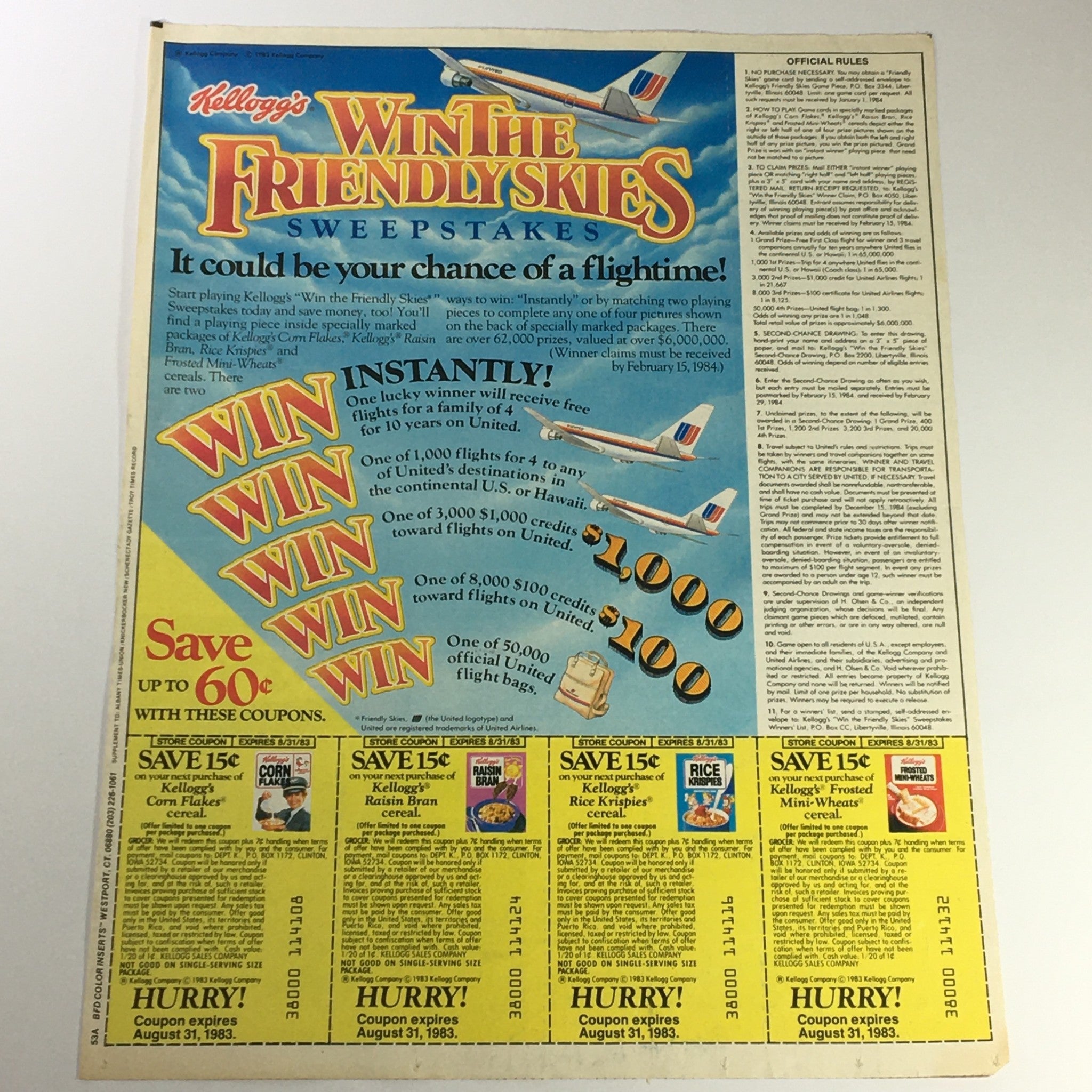 VTG Retro 1983 Kellogg's Cereal Win The Friendly Skies Sweepstakes Ad Coupon