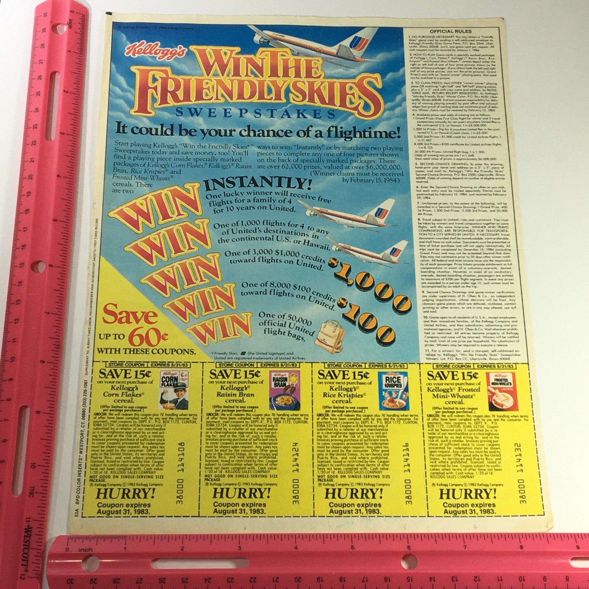 VTG Retro 1983 Kellogg's Cereal Win The Friendly Skies Sweepstakes Ad Coupon