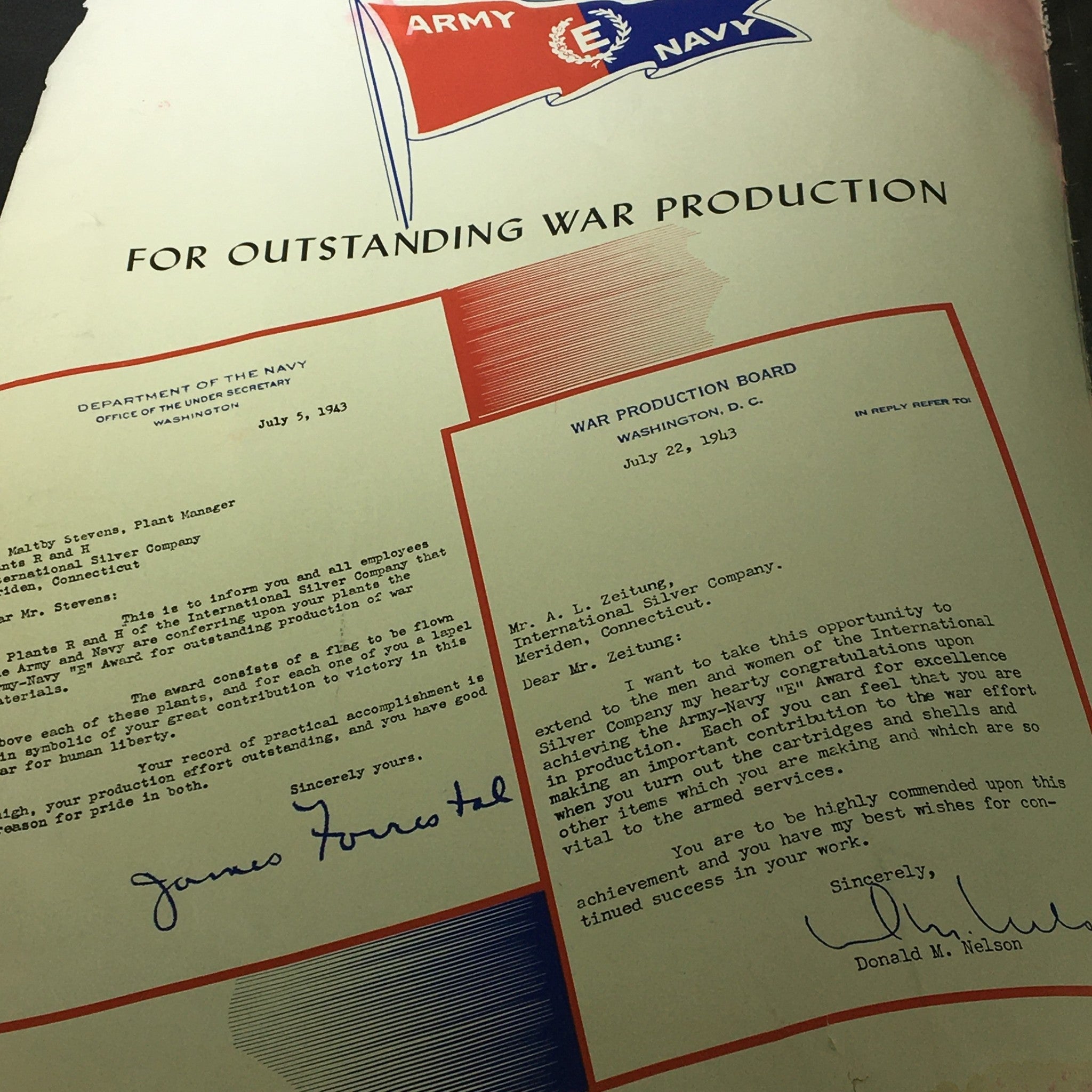 Letter from the Department of the Navy dated July 5, 1943, recognizing outstanding war production for the Army Navy E Awards, featured in VTG Highlights Magazine July 27 1943.