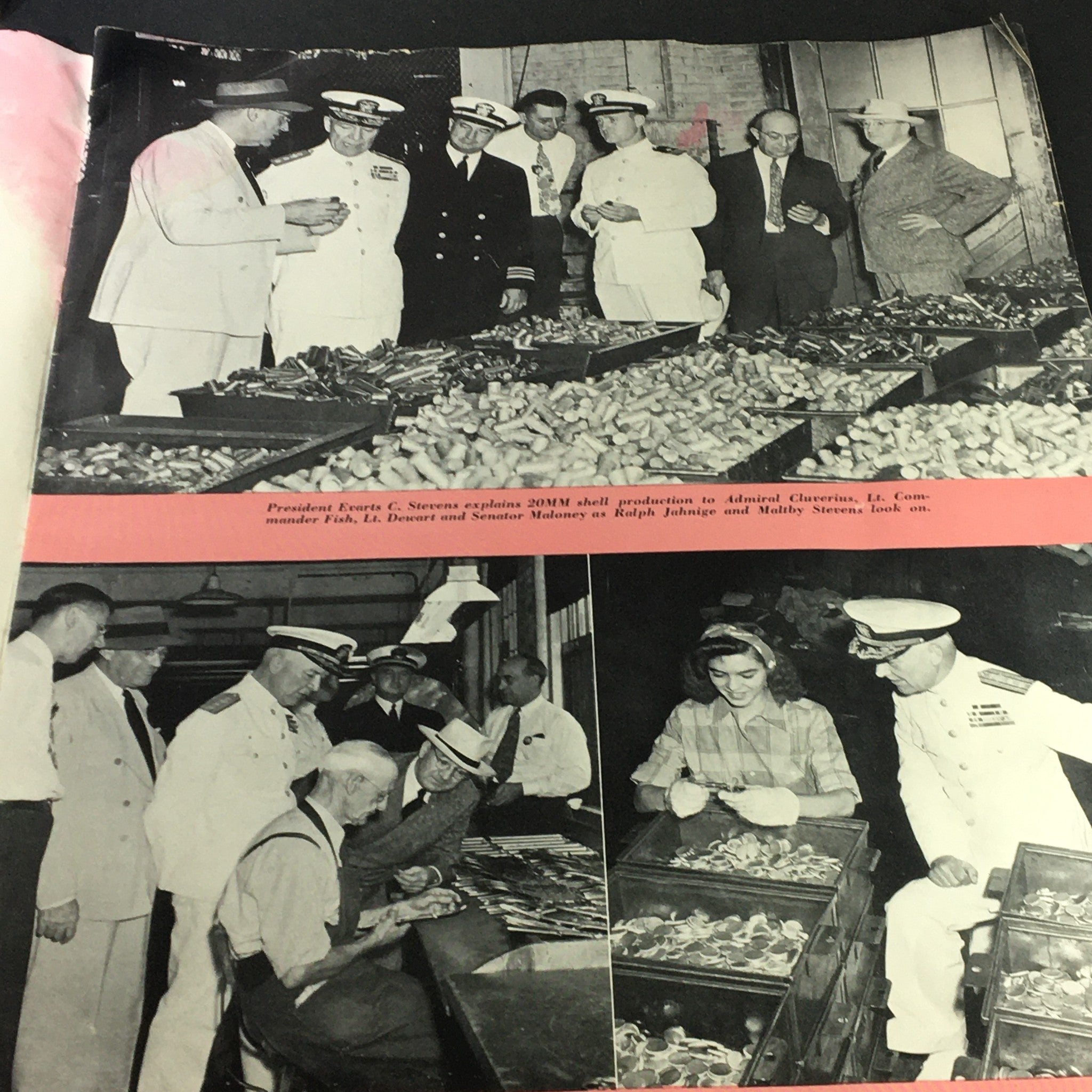 Historical image from VTG Highlights Magazine July 27 1943, showing President Evarts C. Stevens explaining 20MM shell production to military officials and Senator Maloney.