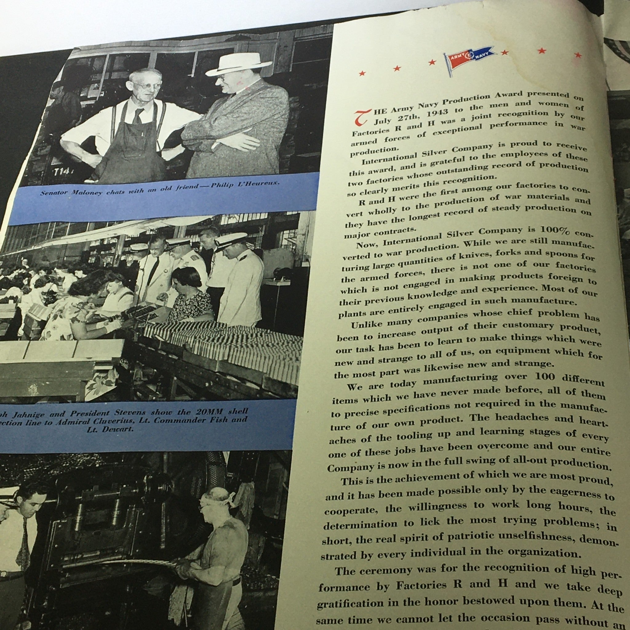 Page from VTG Highlights Magazine July 27 1943 discussing the Army Navy Production Award presentation, featuring details about International Silver Company's war production.
