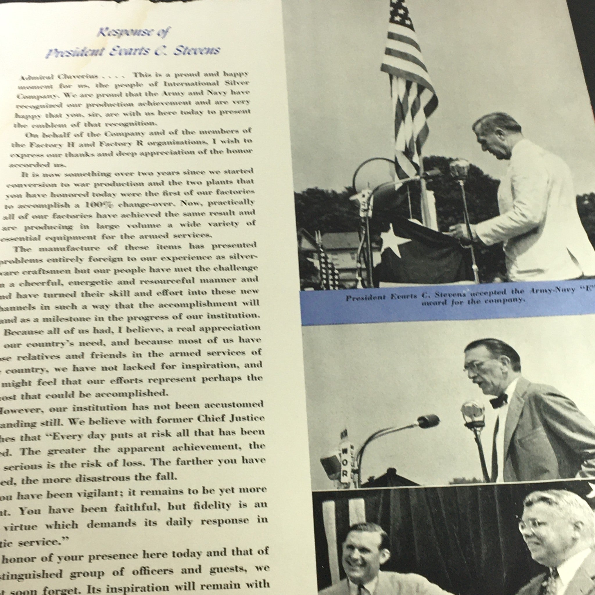 Image of President Evarts C. Stevens presenting a speech at the Army Navy E Award ceremony, featured in VTG Highlights Magazine July 27 1943.