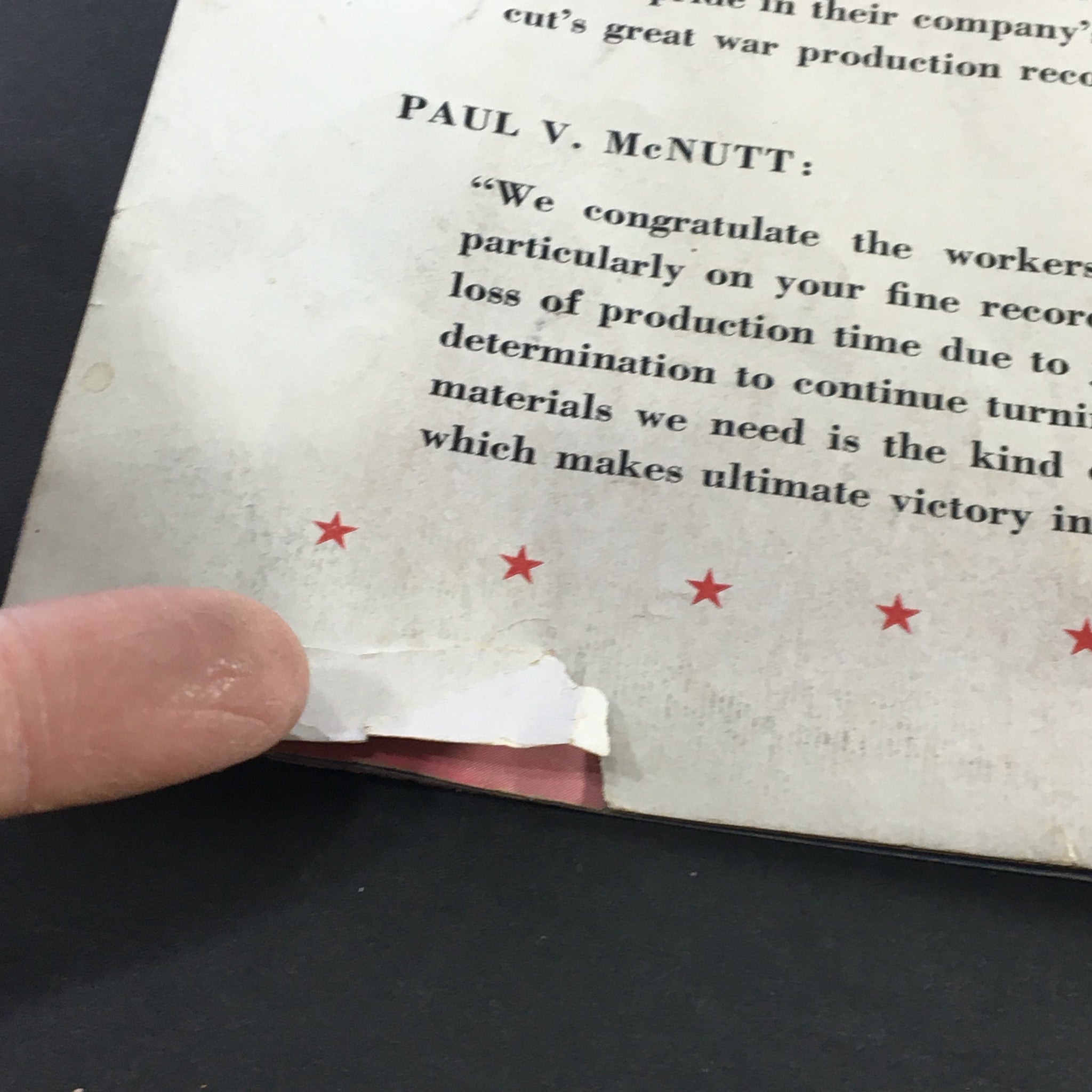 Close-up view of VTG Highlights Magazine July 27 1943 highlighting the message from Paul V. McNutt, congratulating workers on their wartime contributions.