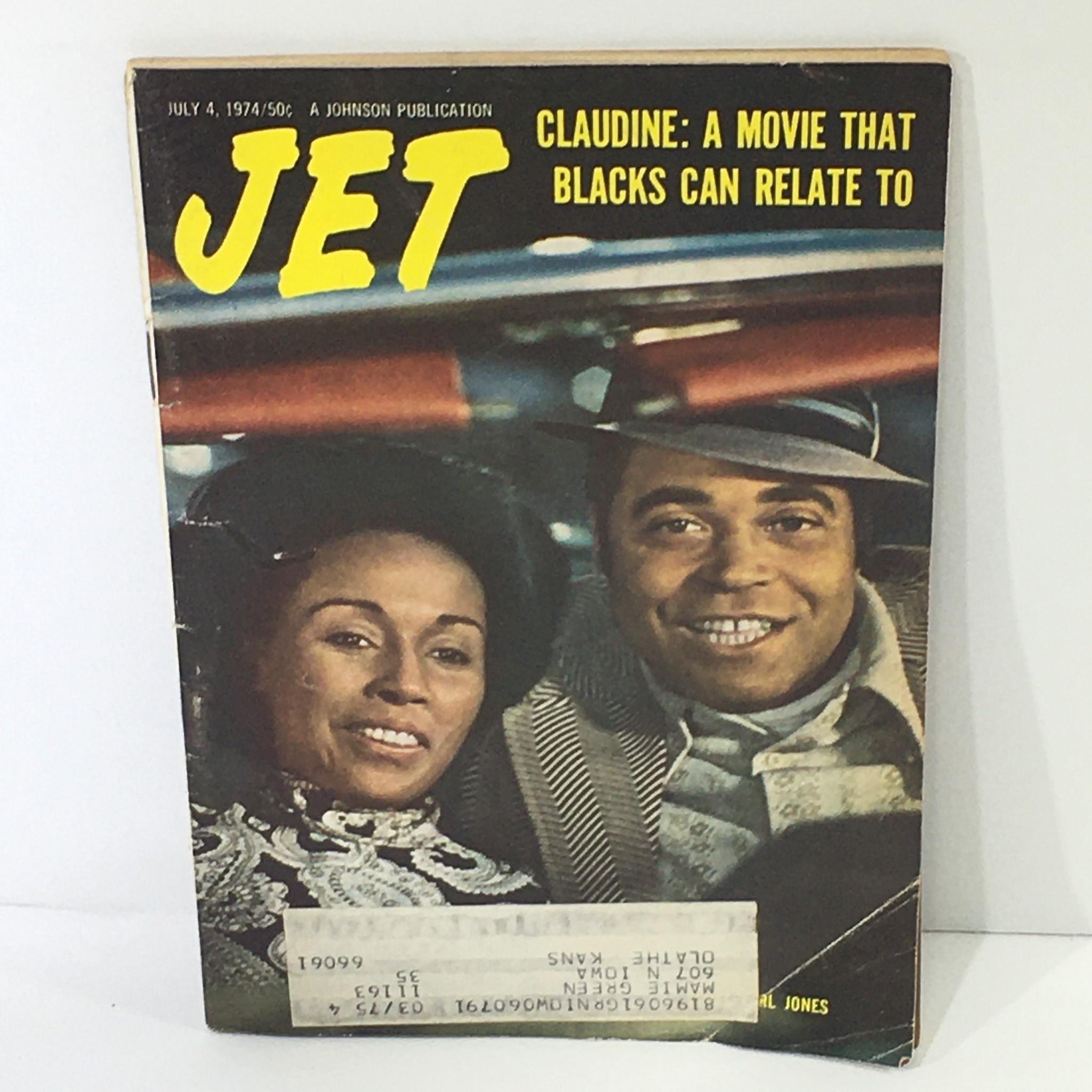 Cover of Jet Magazine from July 4, 1974, featuring the title 'Claudine: A Movie That Blacks Can Relate To' with illustrations of two characters in a car, showcasing vintage design and cultural significance.