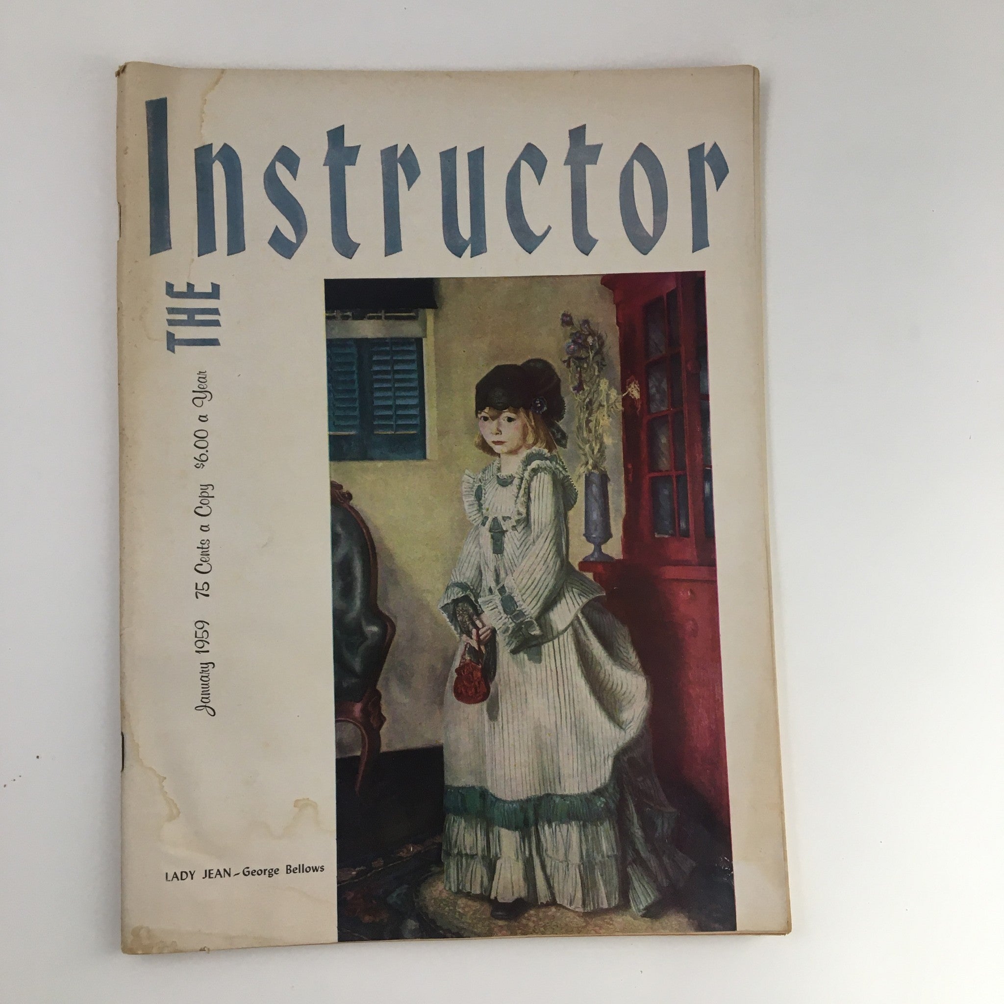 Cover of VTG The Instructor Magazine January 1959 featuring 'Lady Jean' by George Bellows, showcasing vintage artwork and typography.