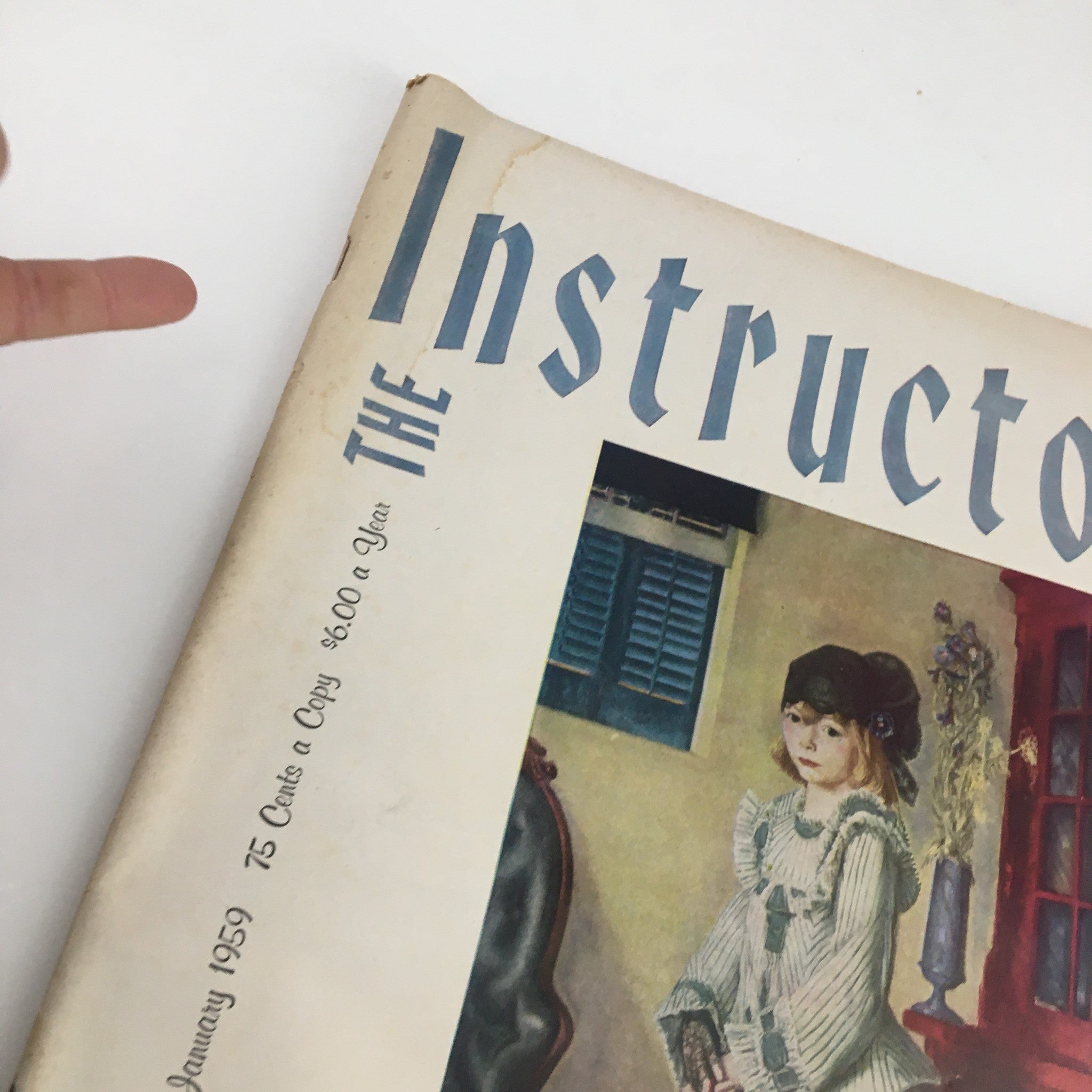 Close-up of the cover of VTG The Instructor Magazine January 1959 highlighting the title 'The Instructor' and the illustration 'Lady Jean' by George Bellows.