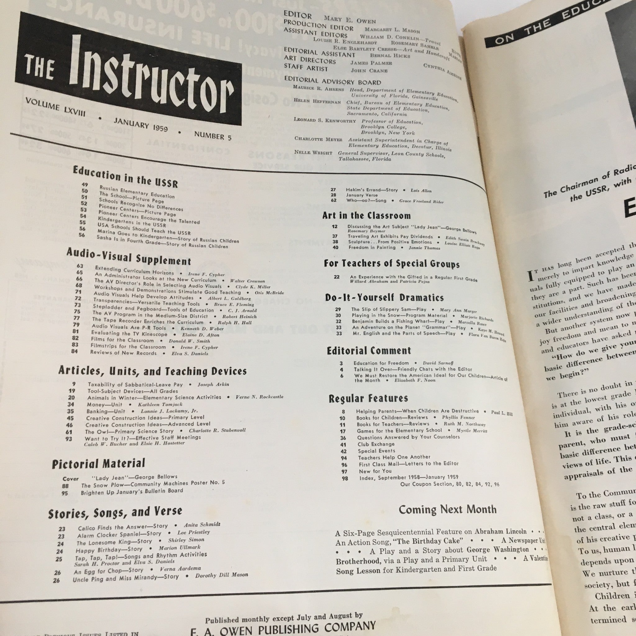 Contents page of VTG The Instructor Magazine January 1959 featuring article titles and section headings, emphasizing the magazine's focus on education and teaching resources.