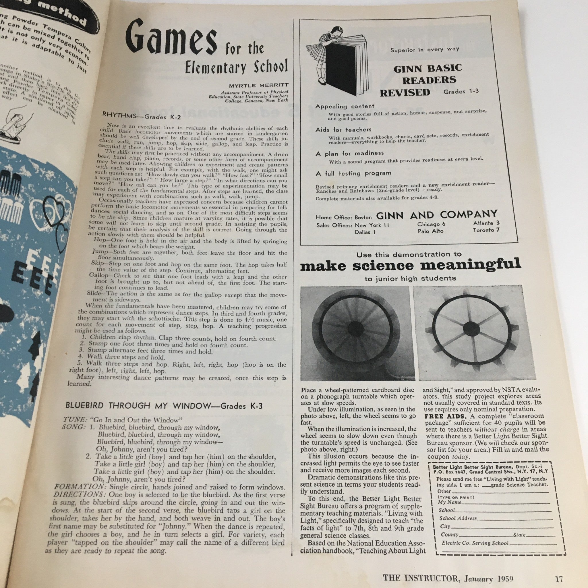 Interior page from The Instructor Magazine January 1959 featuring an article titled 'Games for the Elementary School' by Myrtle Merritt, discussing rhythmic activities and children's play.