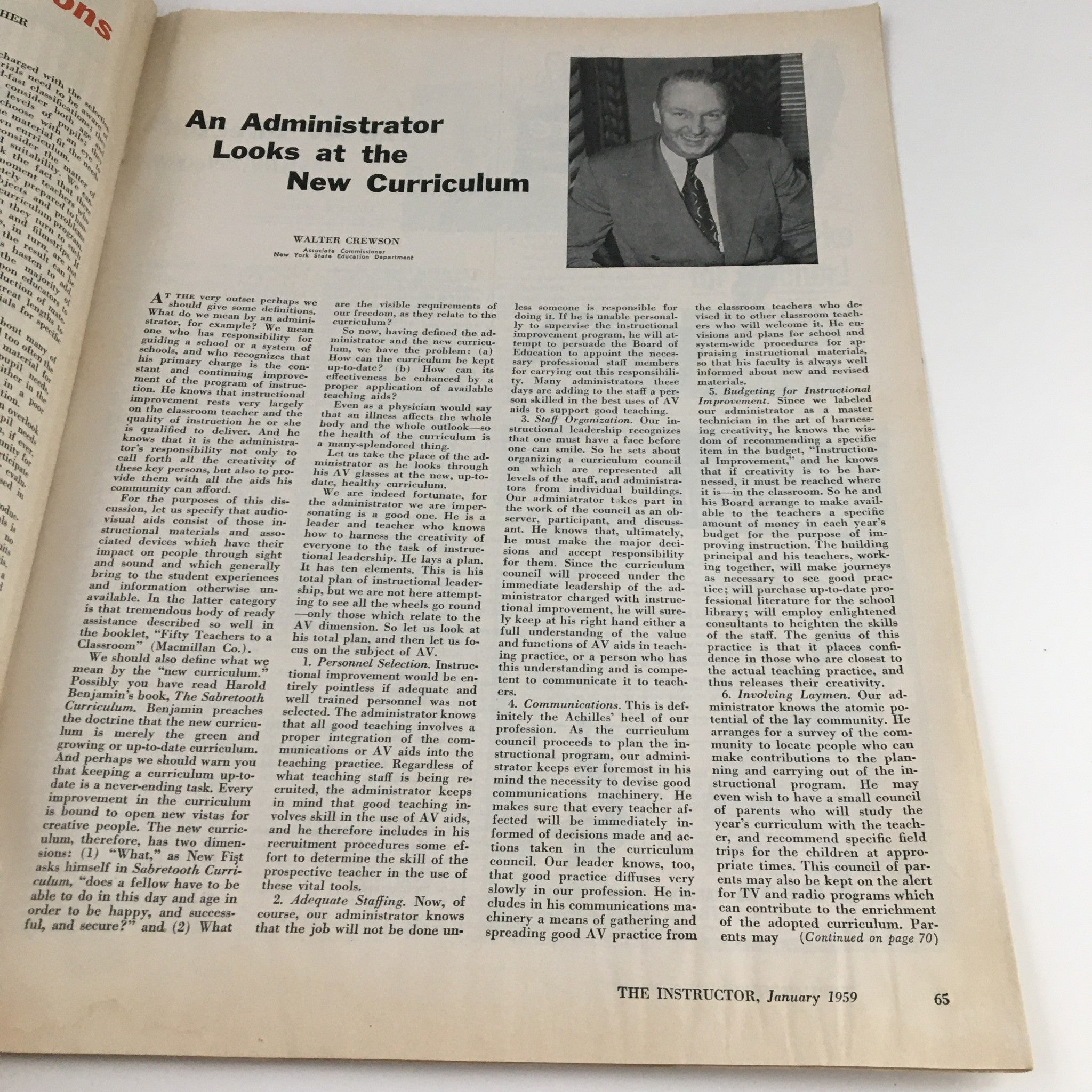 Interior page of The Instructor Magazine January 1959 featuring the article 'An Administrator Looks at the New Curriculum' by Walter Chewson, including a photograph of Chewson.