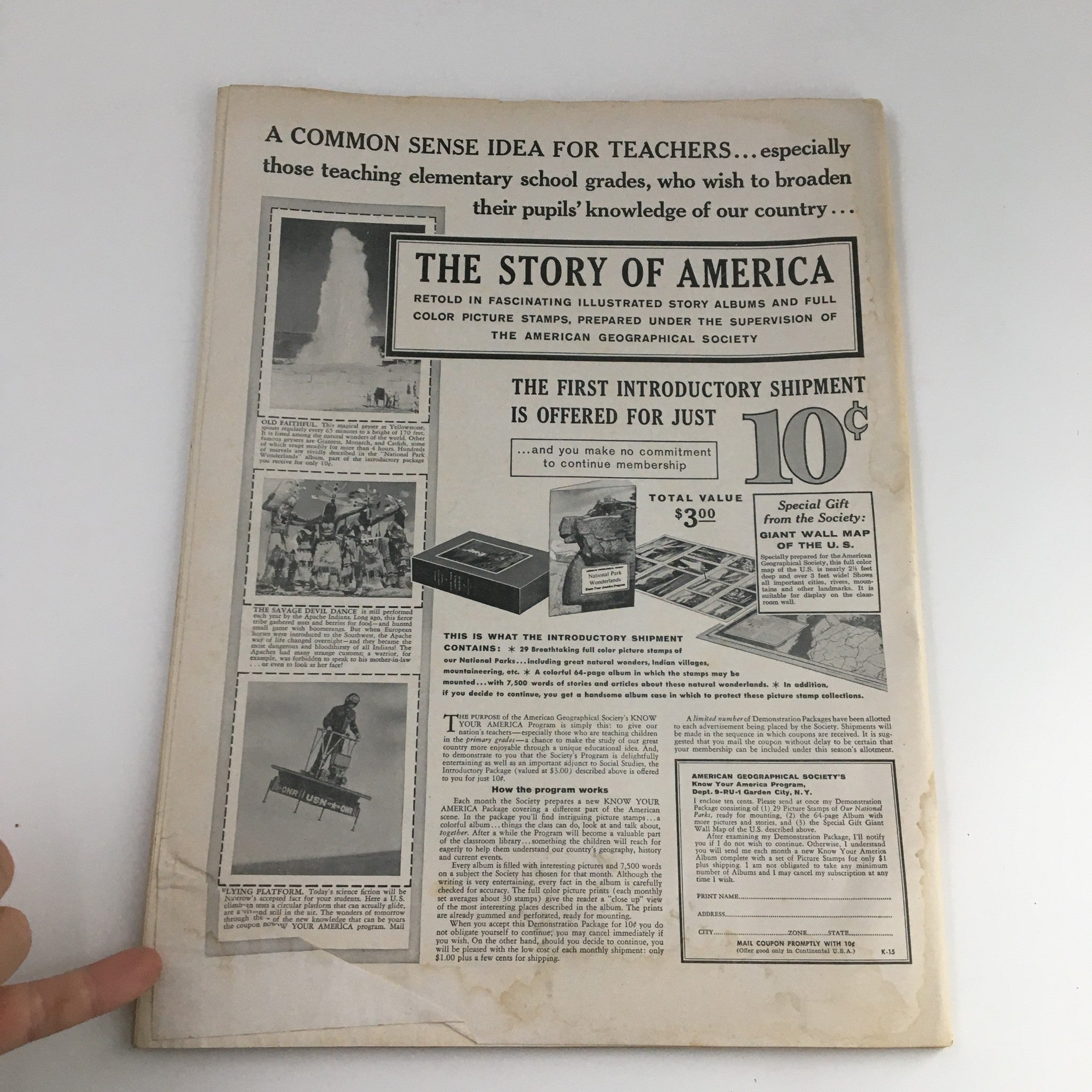 Back cover of The Instructor Magazine January 1959 advertising the 'Story of America' subscription service for teachers, featuring various historical images and promotional text.