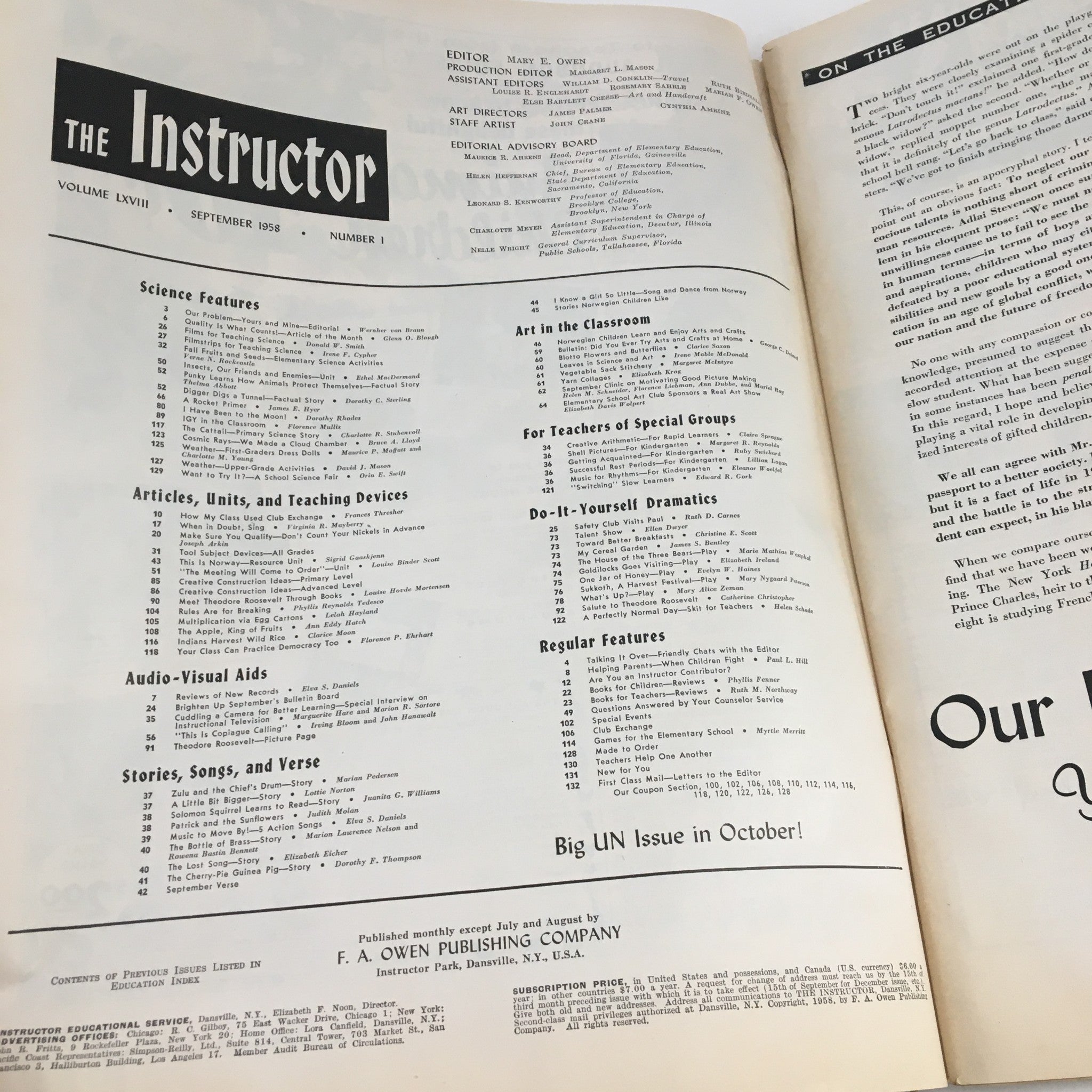 VTG The Instructor Magazine September 1958 Our Problem Yours and Mine No Label