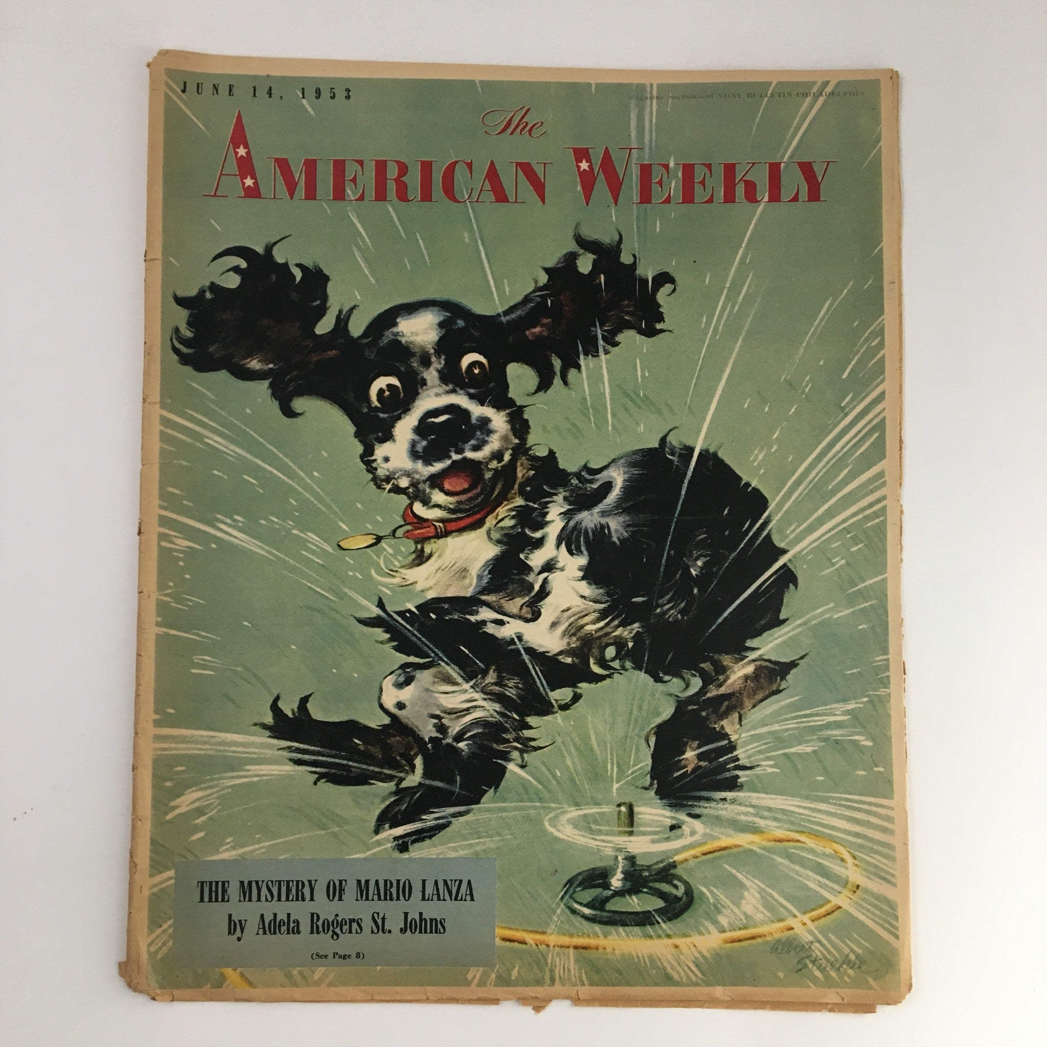 The American Weekly Magazine June 14 1953 cover featuring a playful dog illustration with the title 'The Mystery of Mario Lanza' by Adela Rogers St. Johns.