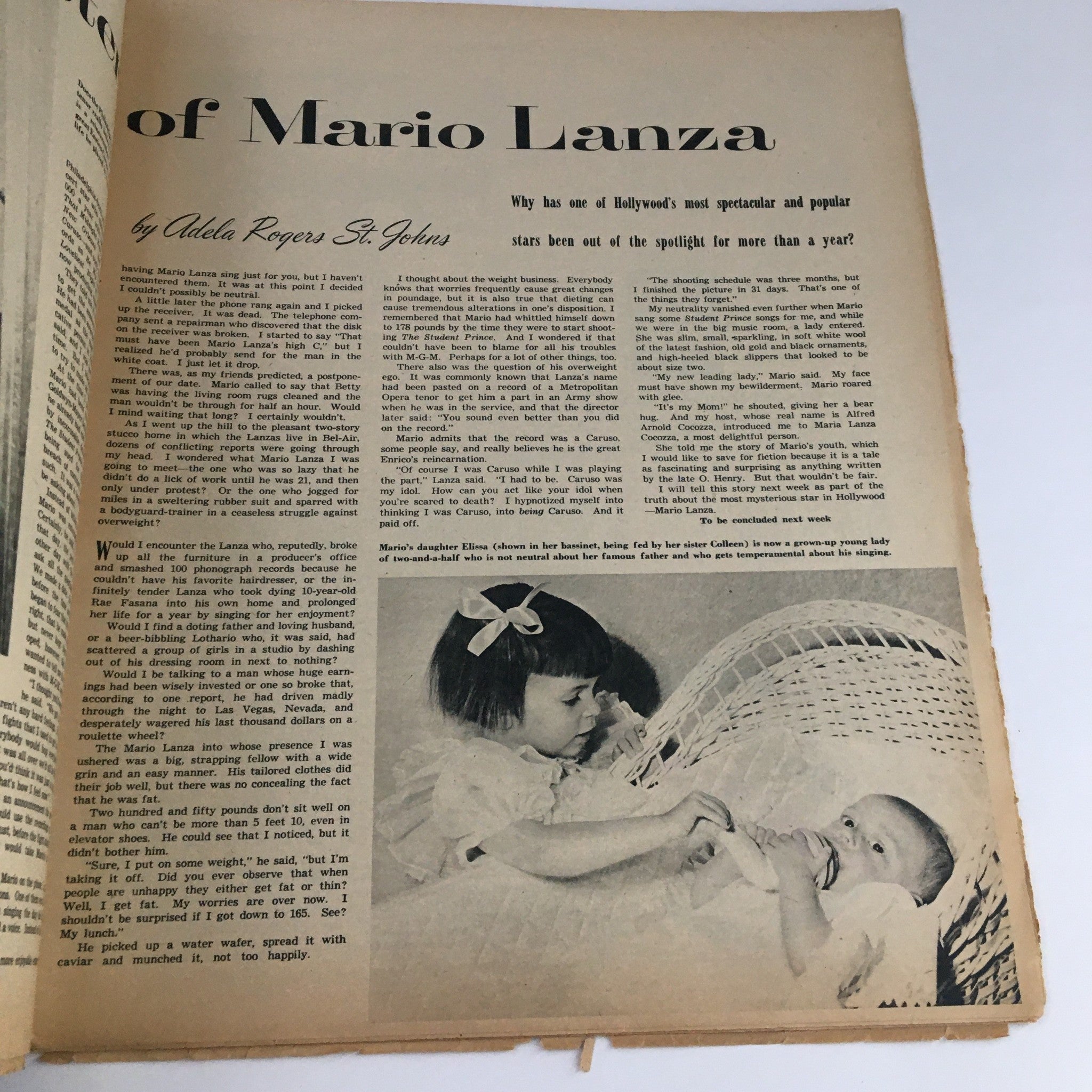 An article page from The American Weekly Magazine June 14 1953 discussing the life and career of Mario Lanza, featuring a photograph of his daughter.