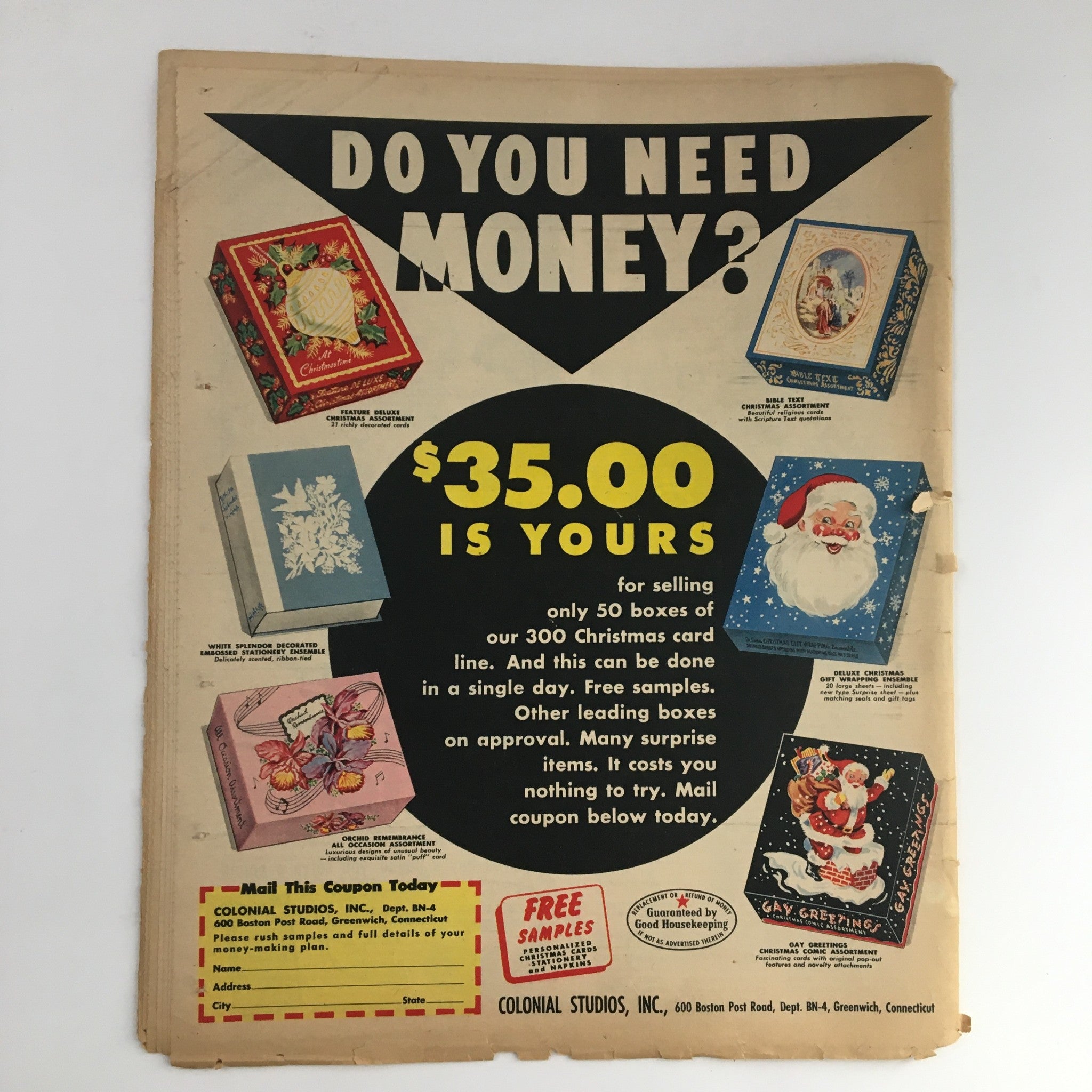 Advertisement page from The American Weekly Magazine June 14 1953 promoting a Christmas card selling opportunity with graphics of festive cards.