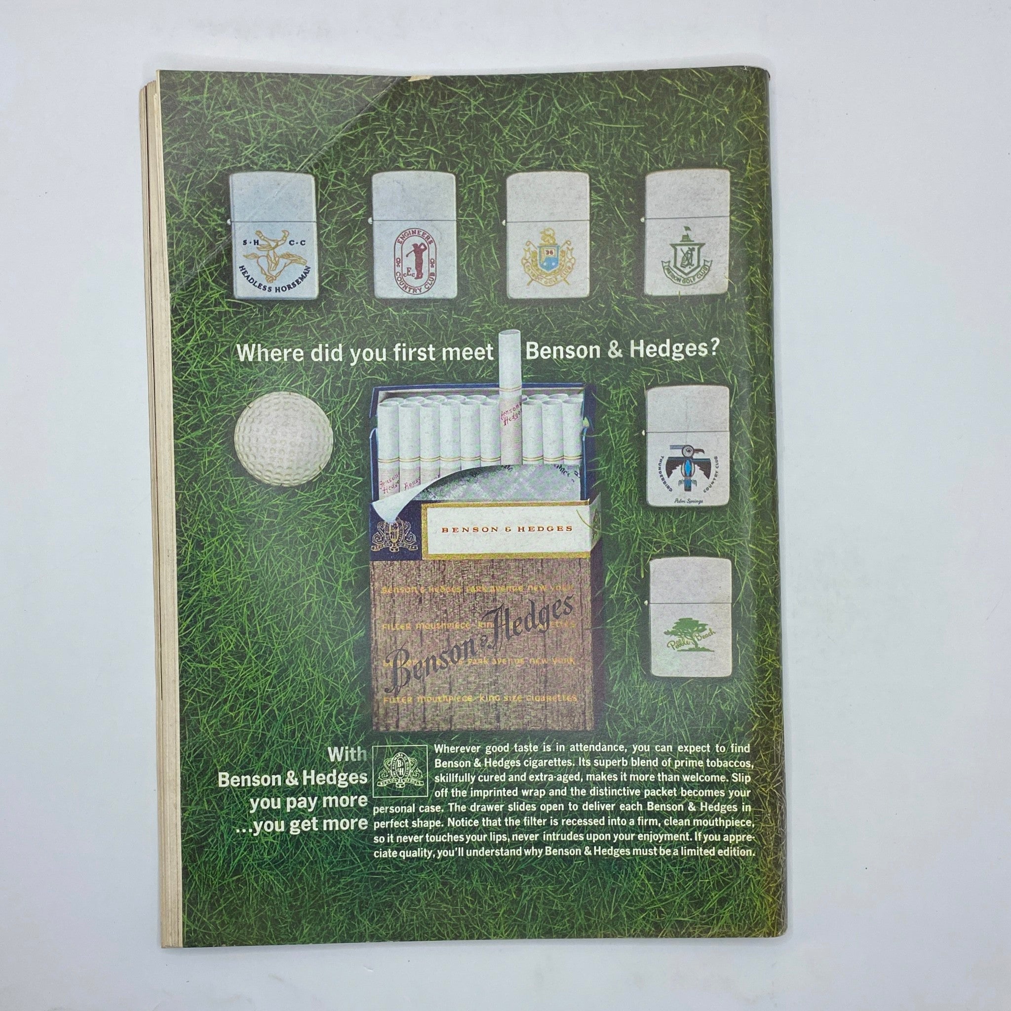 Back cover advertisement of The New Yorker magazine dated June 13, 1964 for Benson & Hedges cigarettes, featuring a golf theme with branded items.