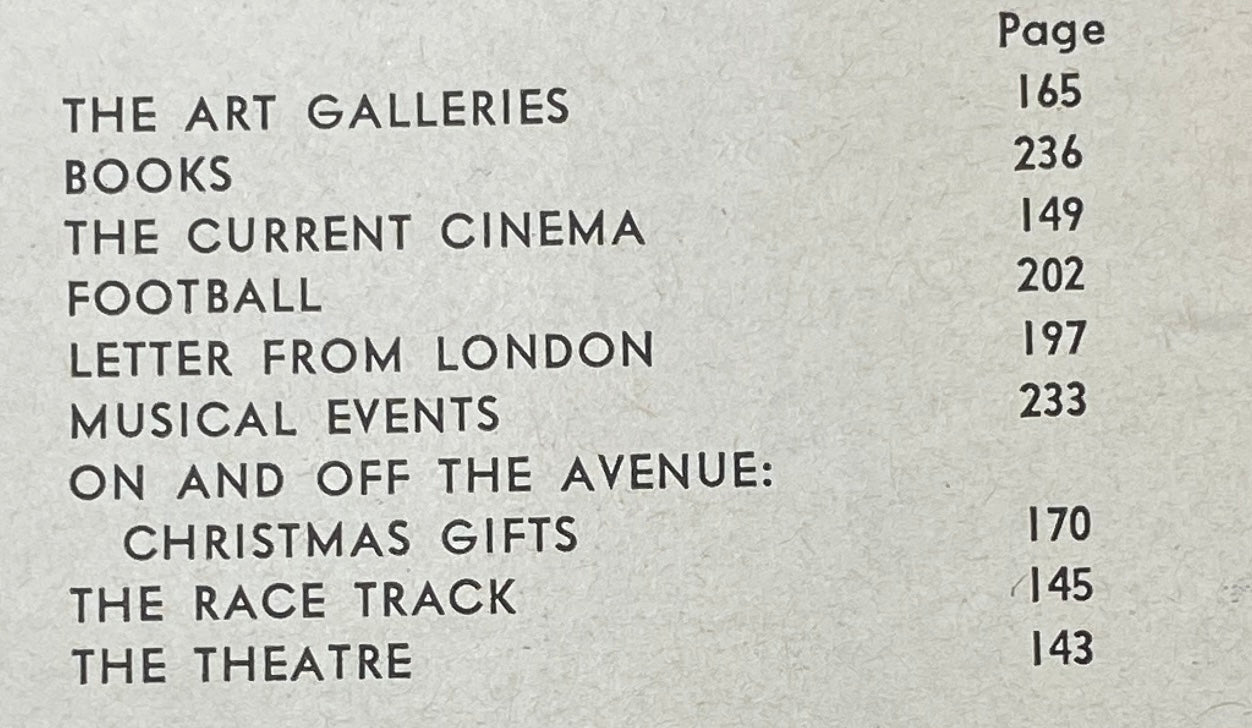 Page from The New Yorker magazine dated November 21, 1964, featuring a table of contents listing articles such as 'The Art Galleries', 'Books', and 'Theatre'.