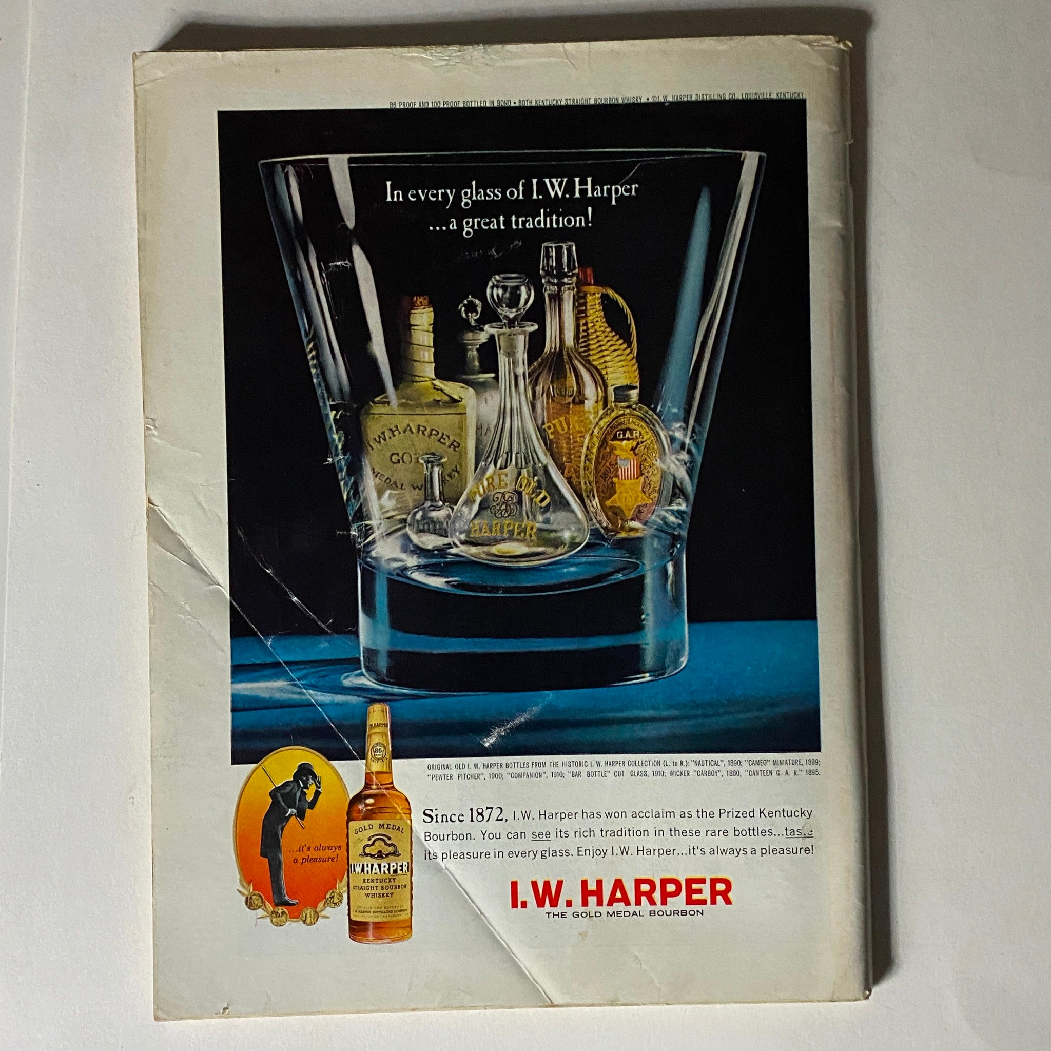 The New Yorker Complete Magazine March 14, 1964 featuring an advertisement for I.W. Harper bourbon. The image shows a glass containing several I.W. Harper bottles, highlighting the brand's tradition and quality.