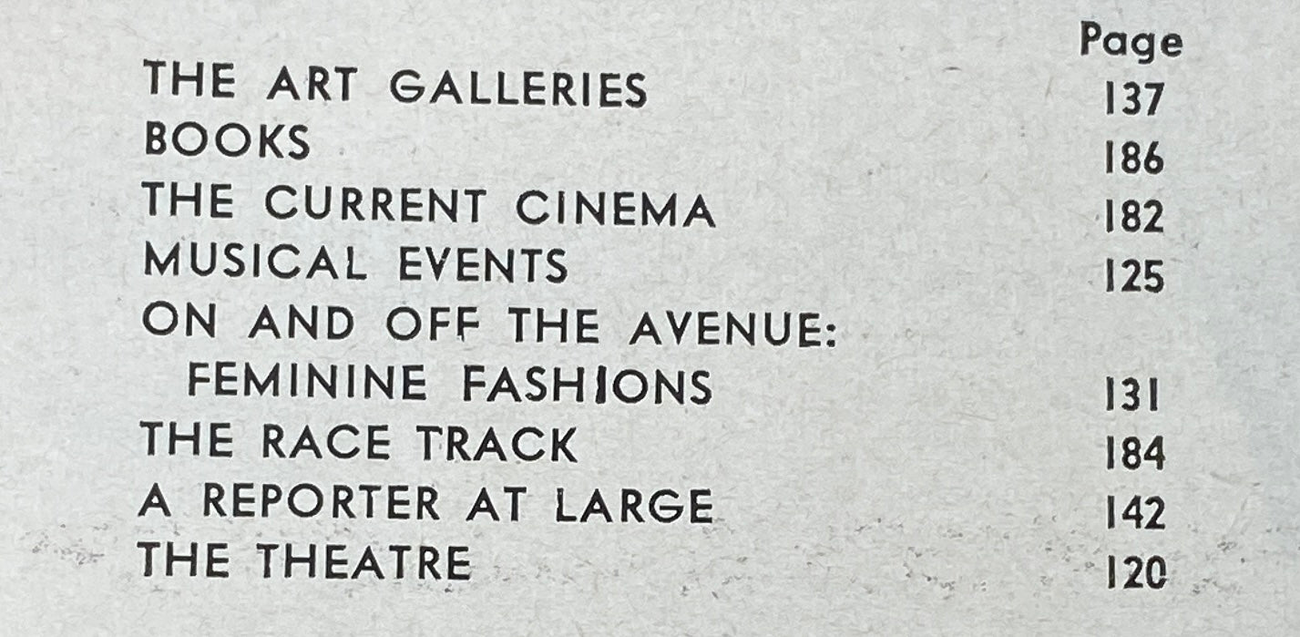 Page showing the table of contents from The New Yorker magazine, detailing features on art galleries, current cinema, musical events, and more, from May 7, 1966.