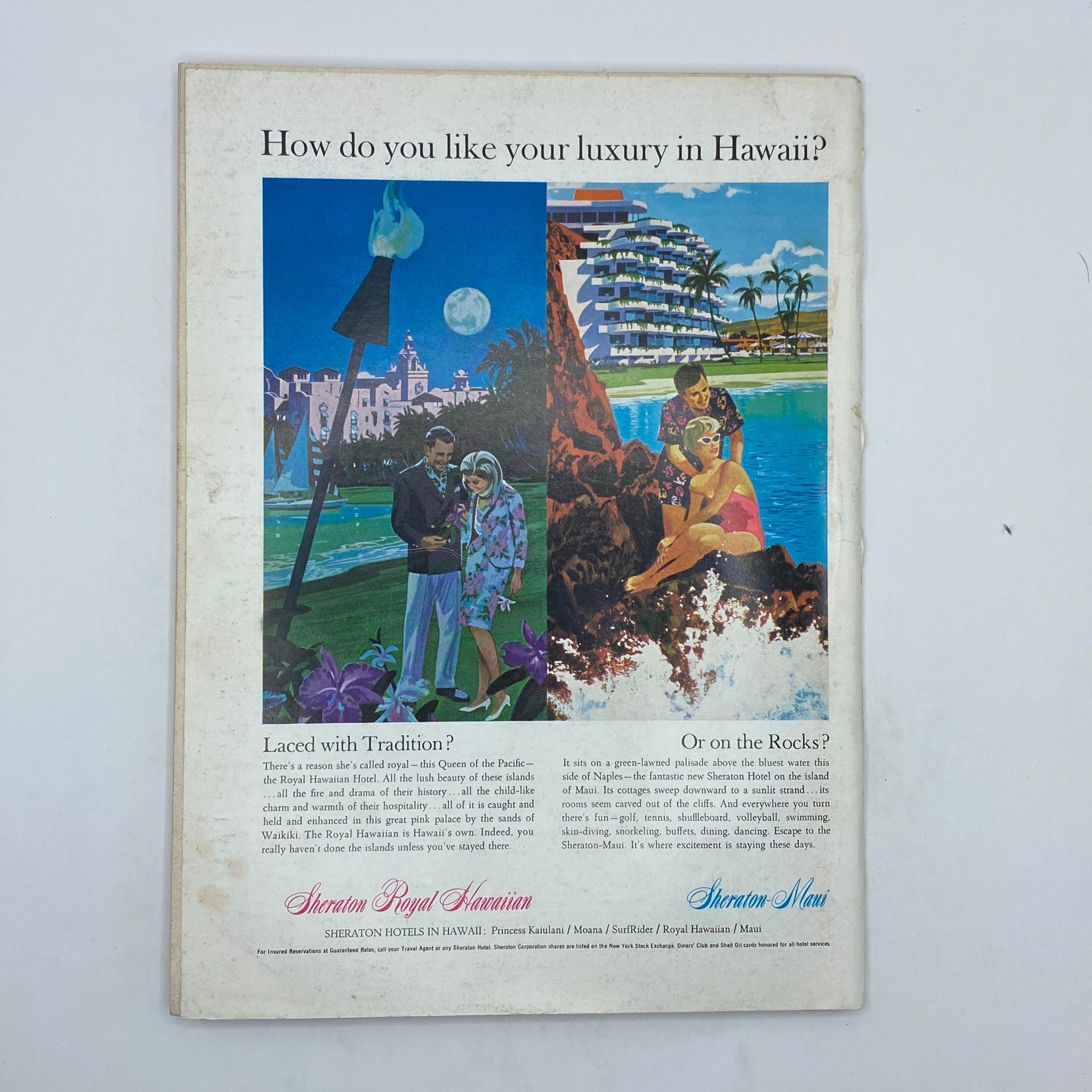 Back cover of The New Yorker Complete Magazine May 7, 1966, promoting the Sheraton Royal Hawaiian hotel with colorful illustrations of luxurious Hawaiian vacations.