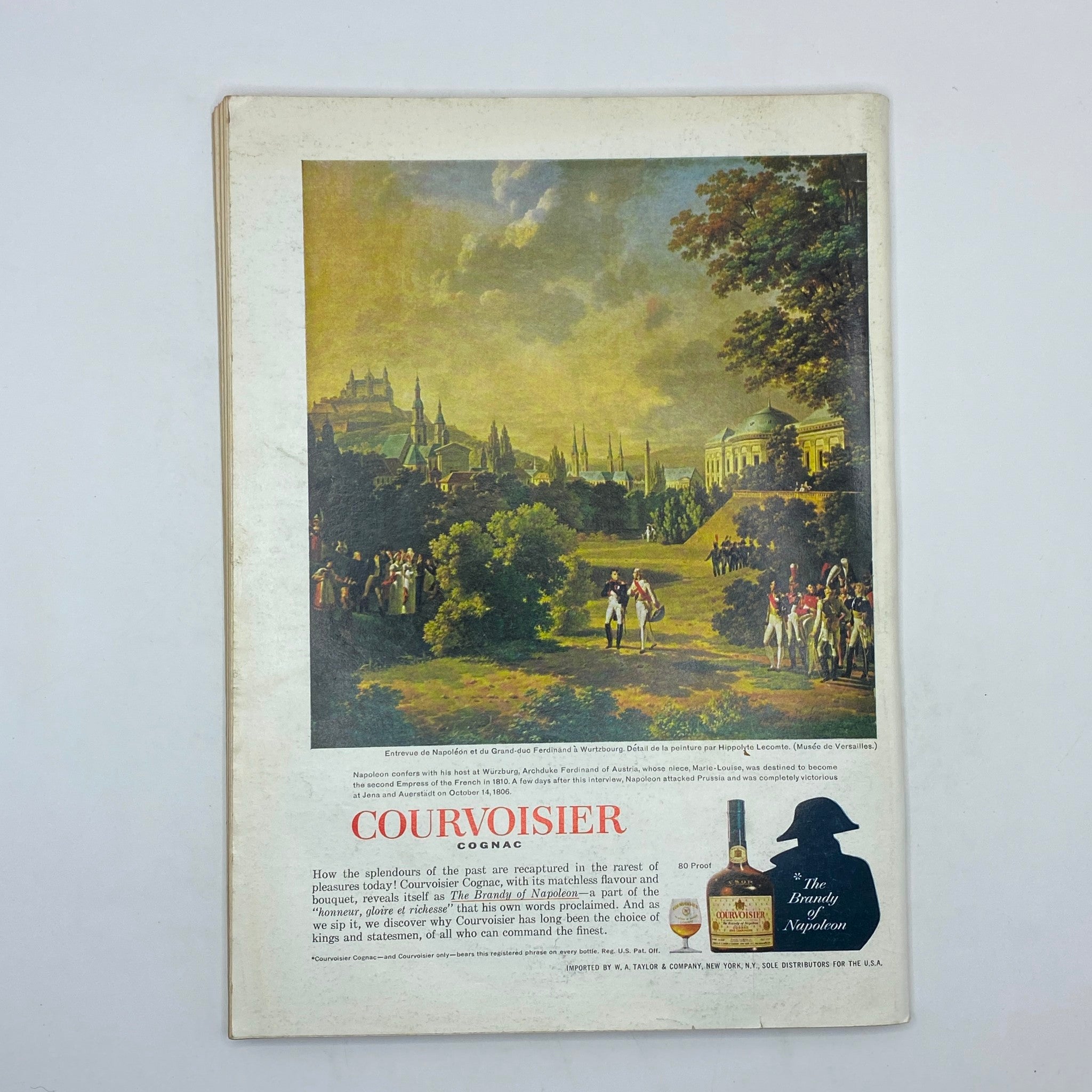 Back cover of The New Yorker magazine from April 23, 1966, an advertisement for Courvoisier Cognac, featuring a scenic painting and text about the spirit.