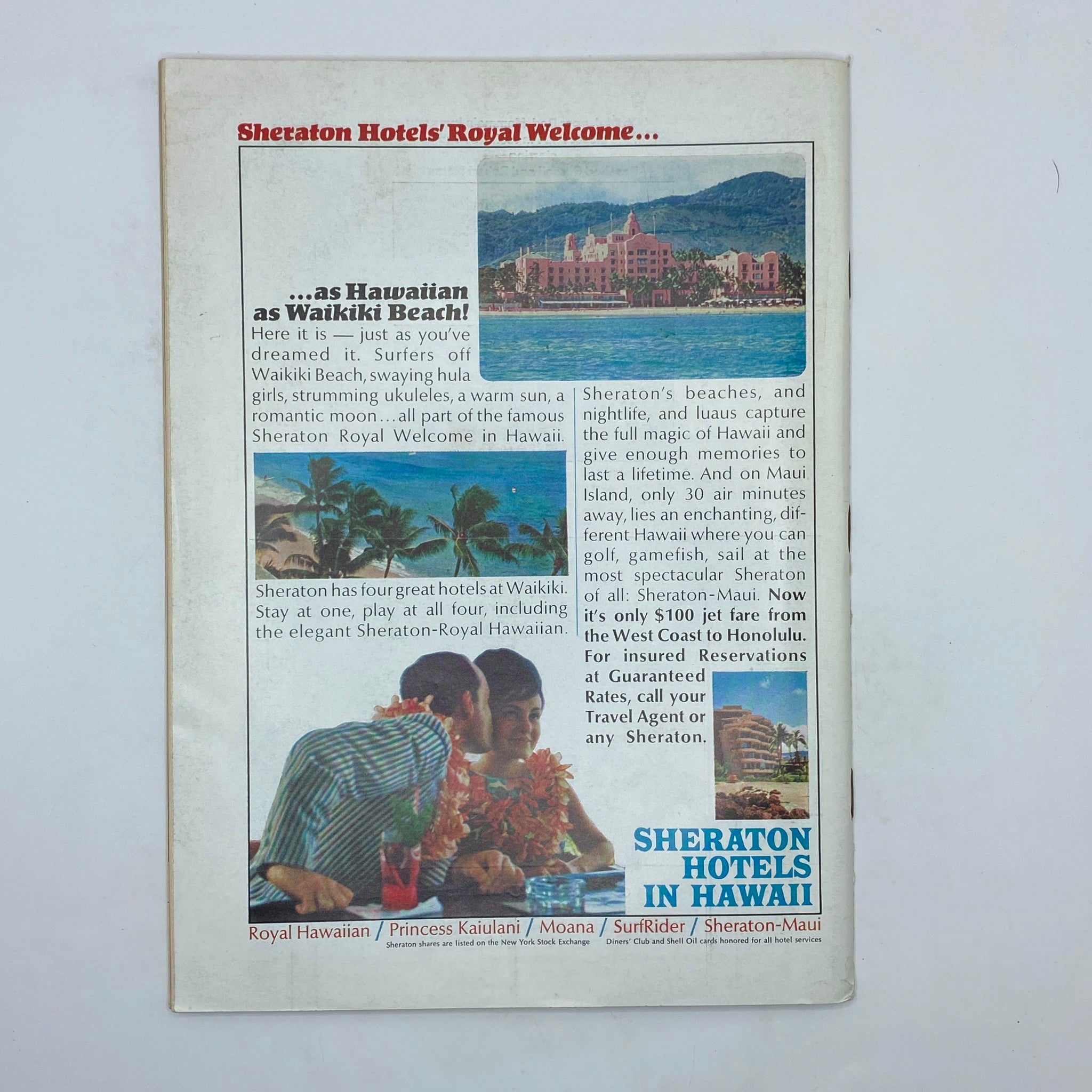 Advertisement page from The New Yorker Complete Magazine January 8, 1966 promoting Sheraton Hotels' Royal Welcome in Hawaii, featuring Hawaiian imagery and vacation highlights.