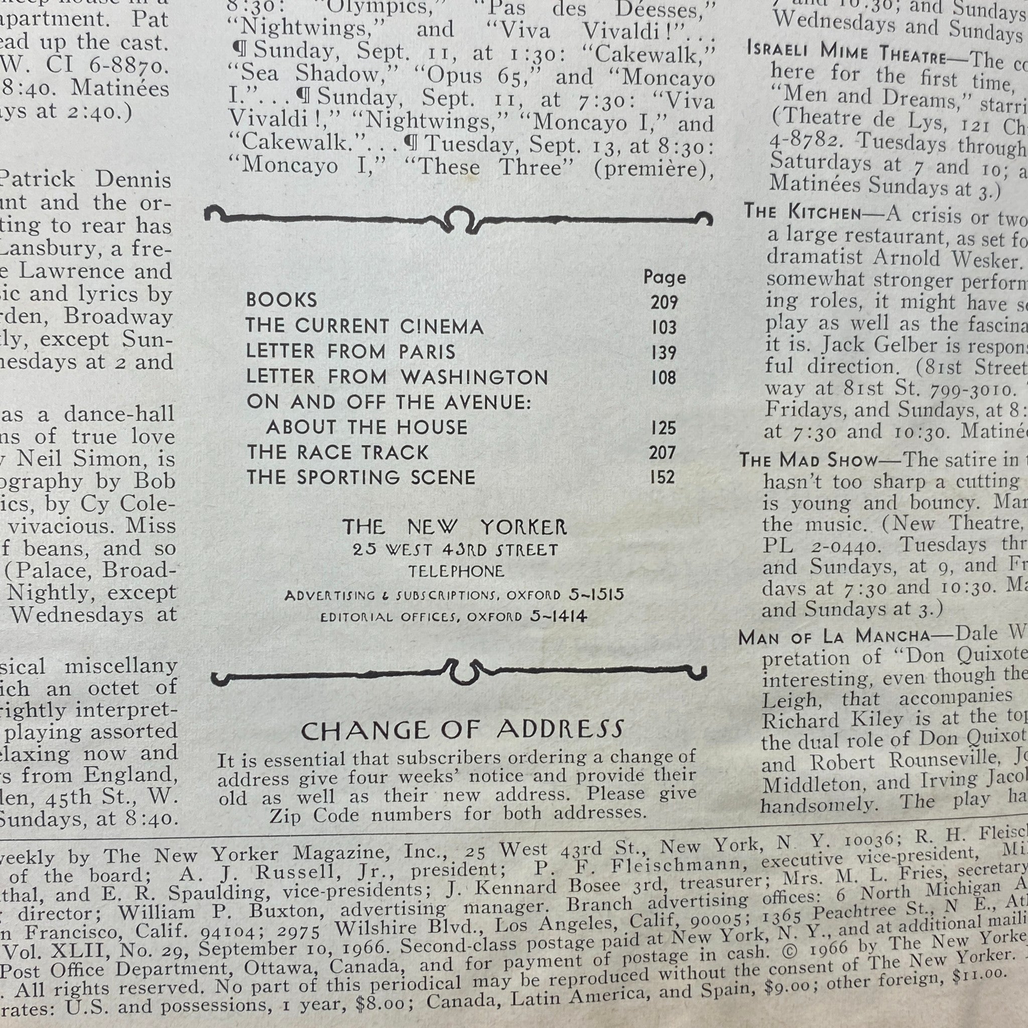 Inside page of The New Yorker magazine dated September 10, 1966 detailing articles such as 'Books', 'The Current Cinema', and 'Letter from Paris'.