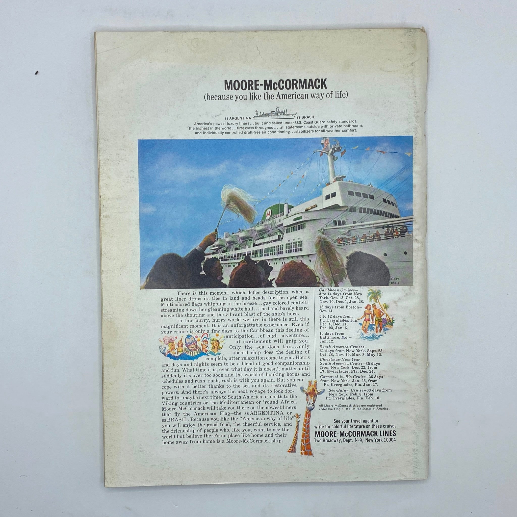 Back cover of The New Yorker magazine from September 10, 1966 featuring an advertisement for Moore-McCormack Lines promoting Caribbean cruises.