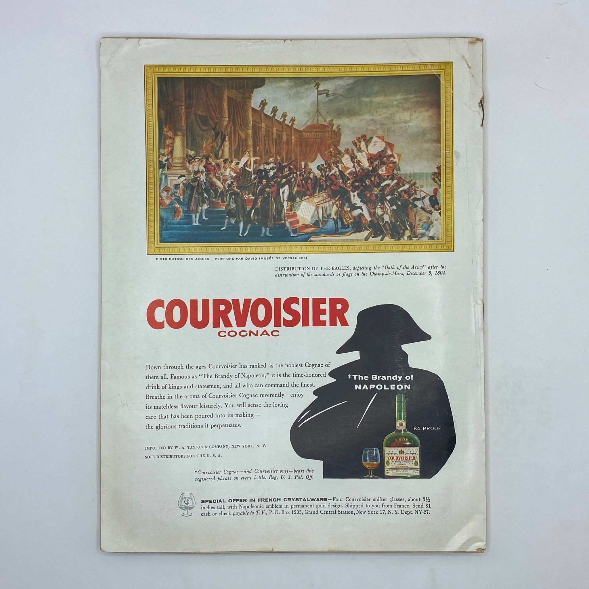 Back cover advertisement for Courvoisier Cognac in The New Yorker magazine dated April 4, 1959, showcasing a historical painting and brand logo.