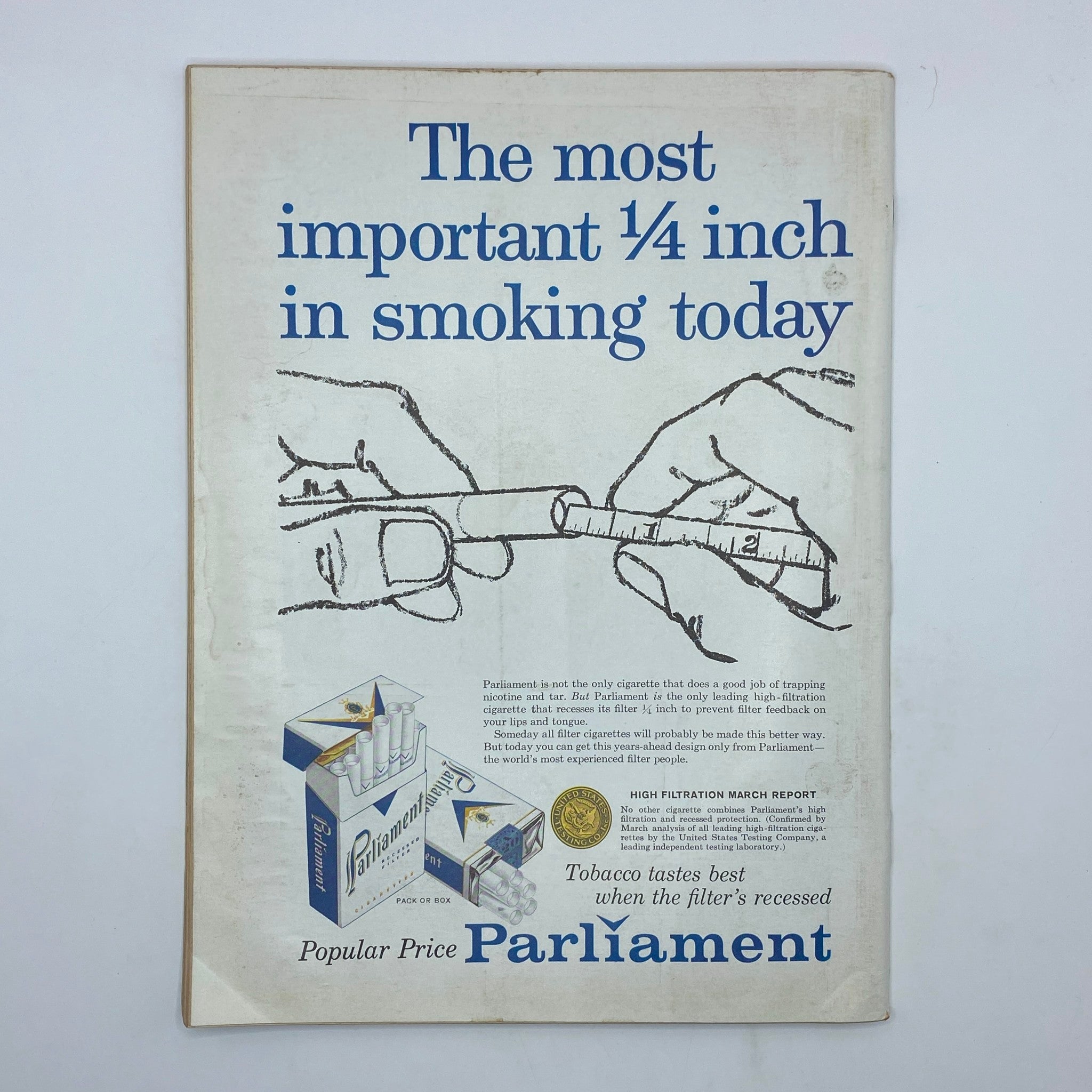 Back cover of The New Yorker Complete Magazine March 28, 1959, featuring an advertisement for Parliament cigarettes emphasizing the importance of the filter design.