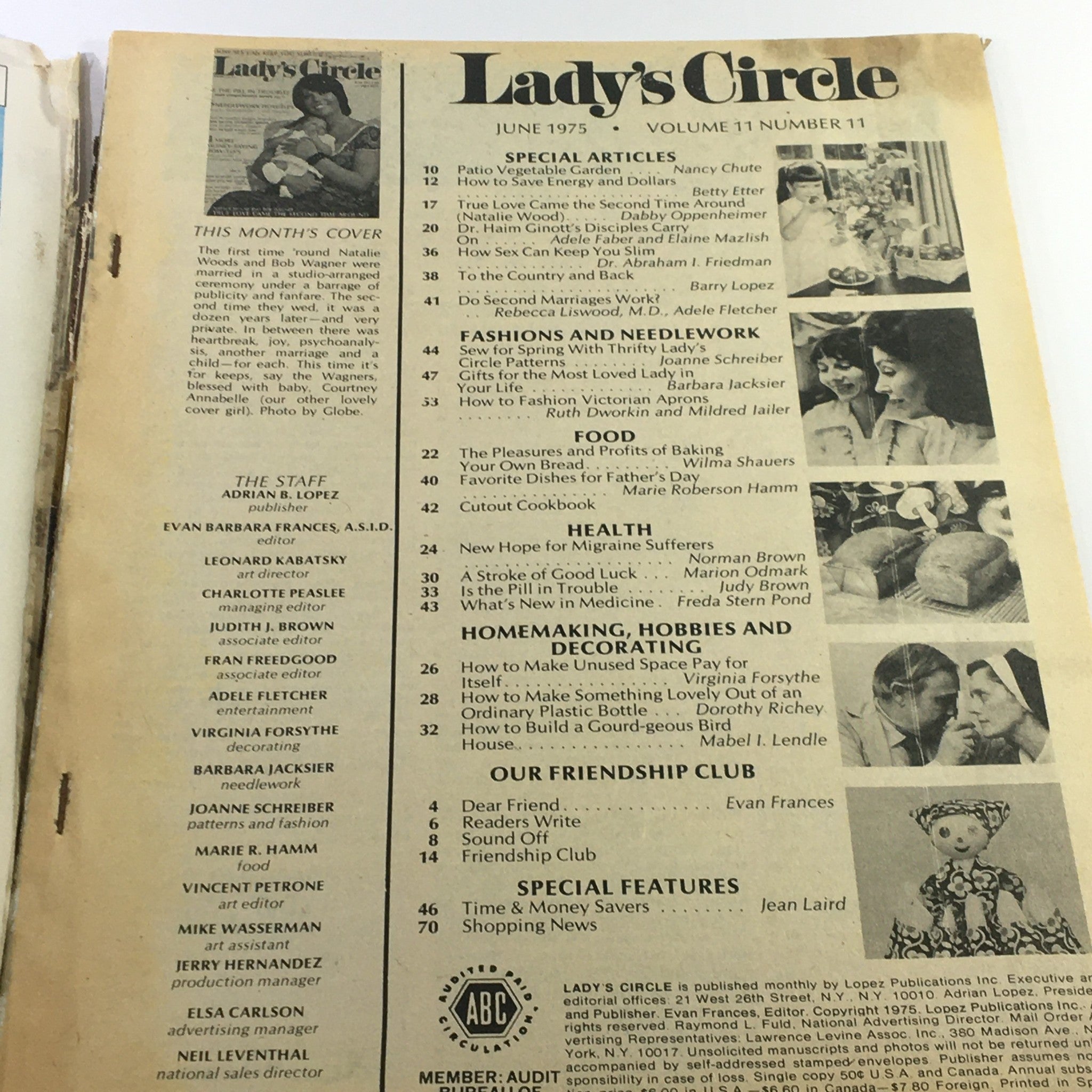 Inside page of VTG Lady's Circle Magazine June 1975, displaying the contents and articles including features on health and homemaking.